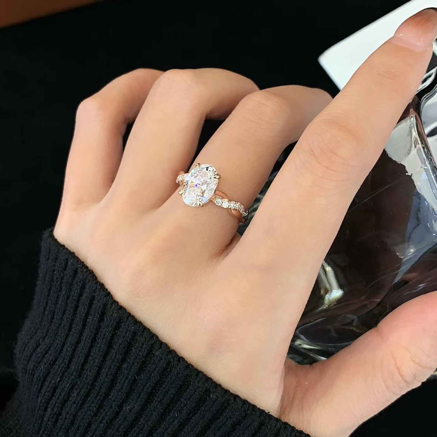 14K Gold Oval Cut Lab-Grown Diamond Twists Accent Engagement Ring