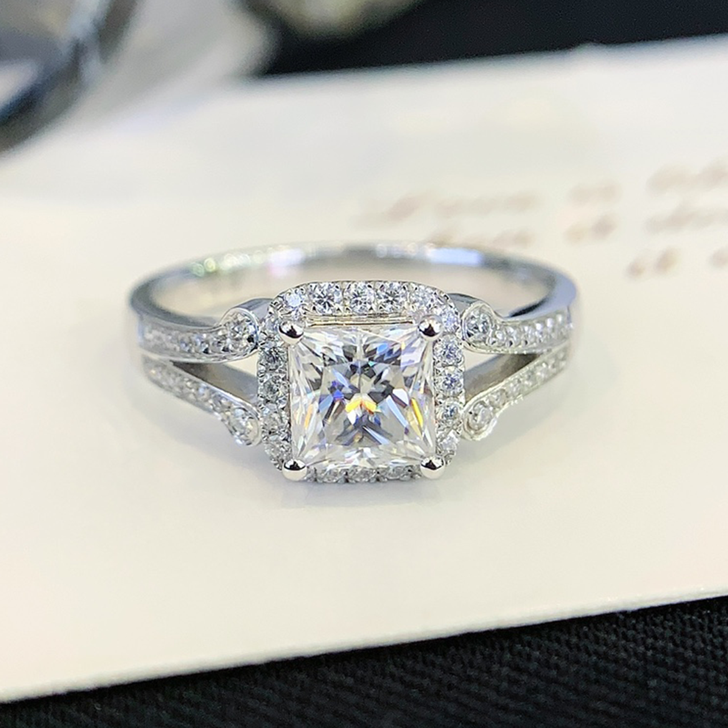 18K Gold Princess Cut Diamond Two Row Accent Engagement Ring