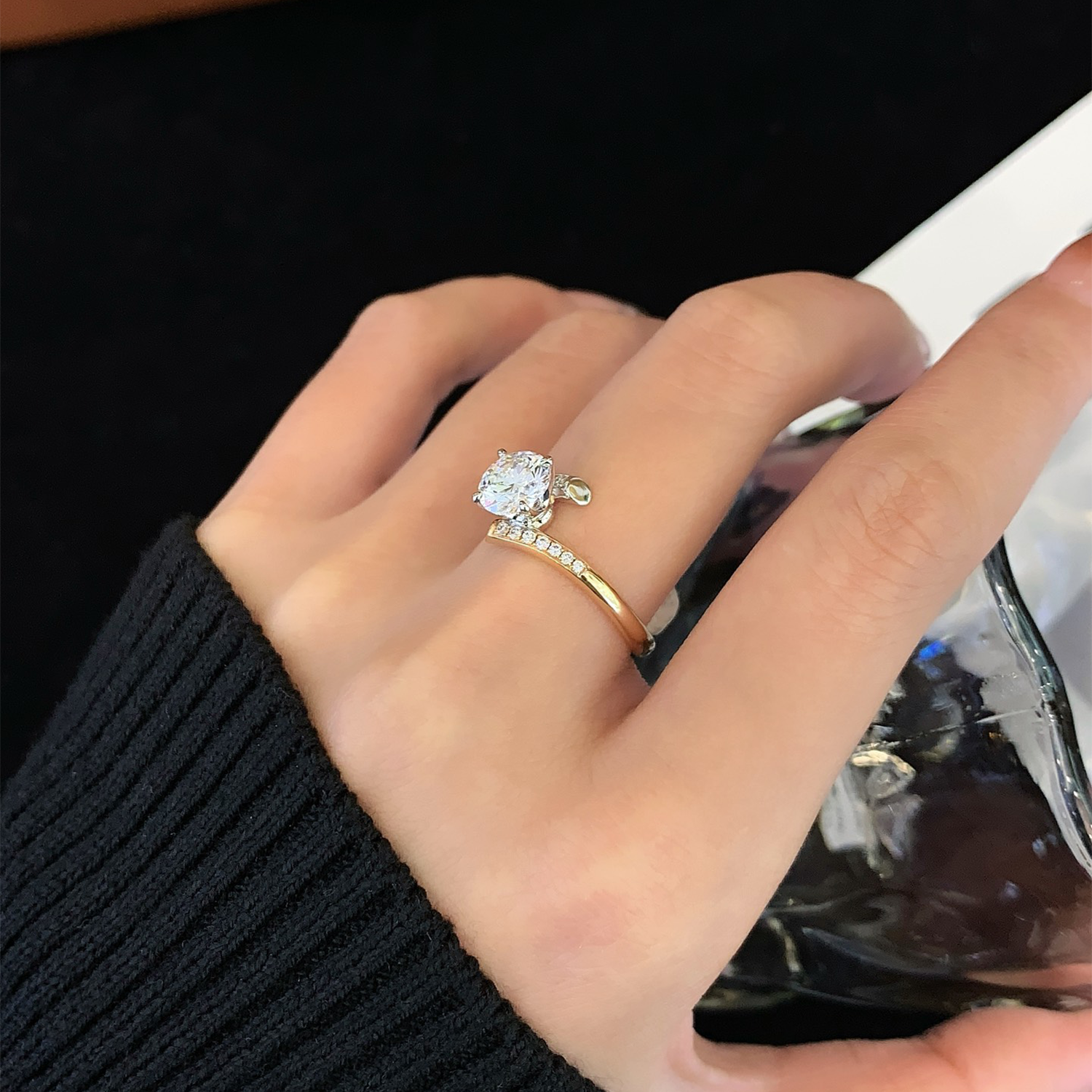 18K Gold Bypass Two Toned Round Cut Lab-Grown Diamond Engagament Ring