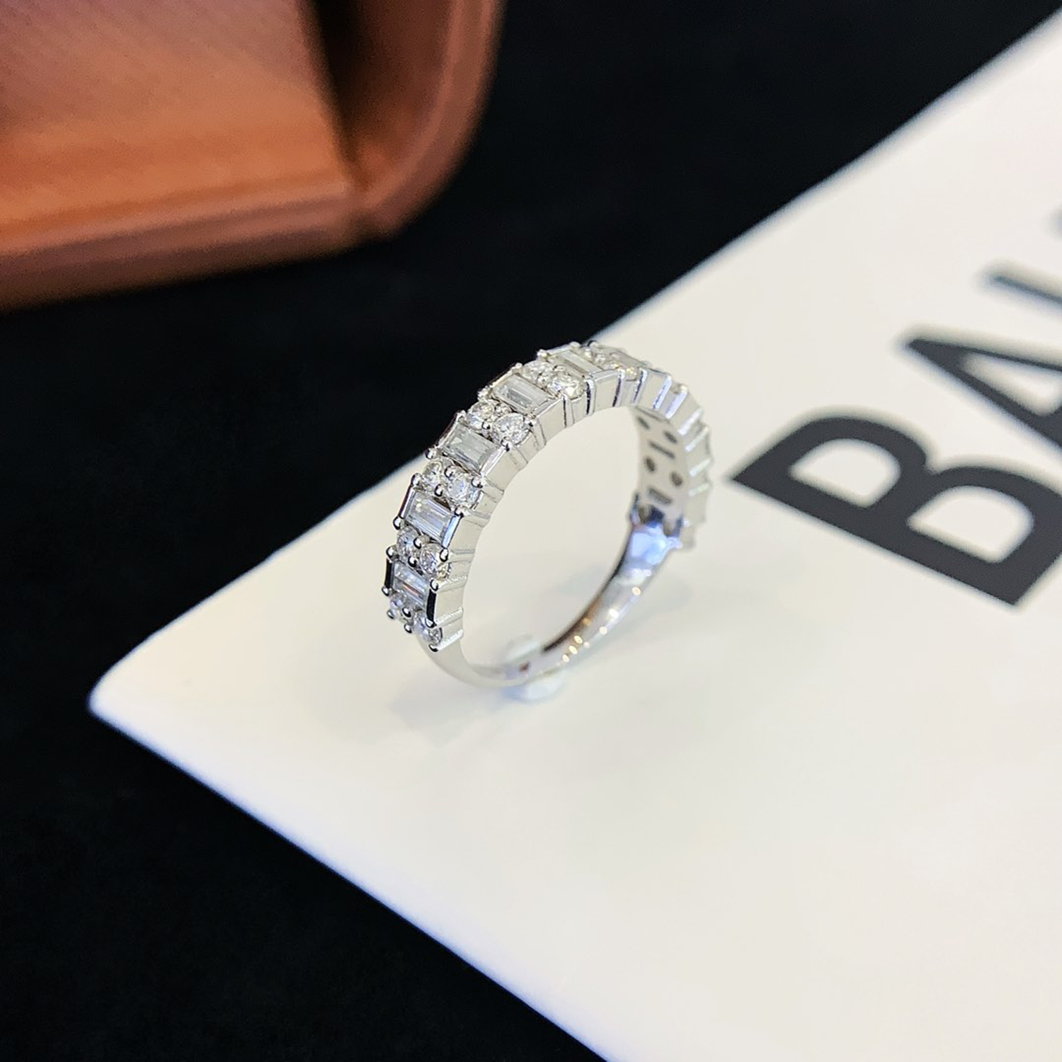 18K Gold Emerald And Round Cut Diamond Eternity Ring Wedding Band