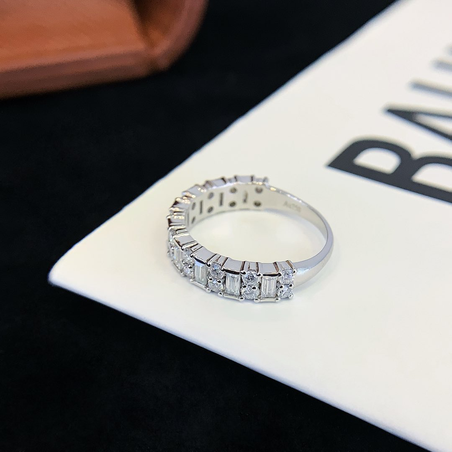 18K Gold Emerald And Round Cut Diamond Eternity Ring Wedding Band