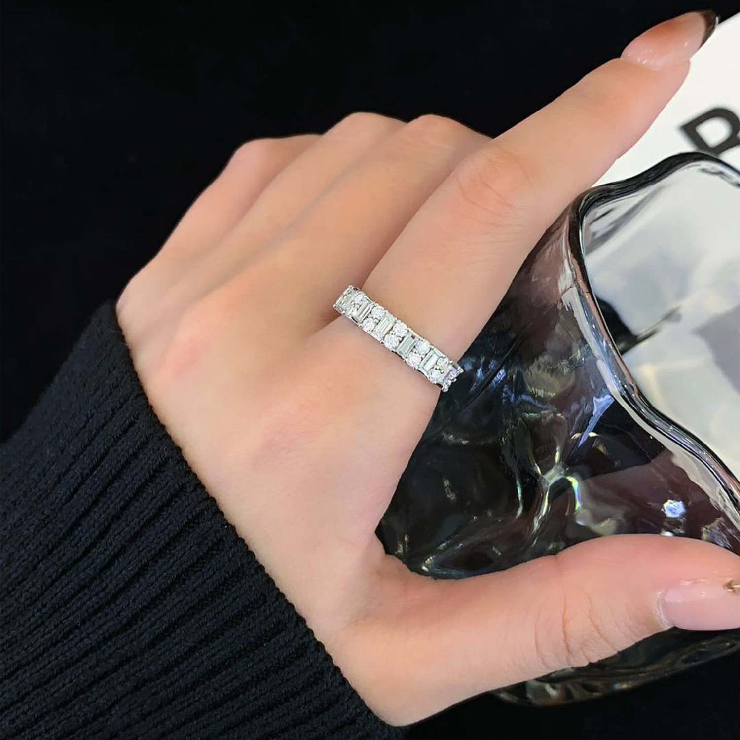 18K Gold Emerald And Round Cut Diamond Eternity Ring Wedding Band