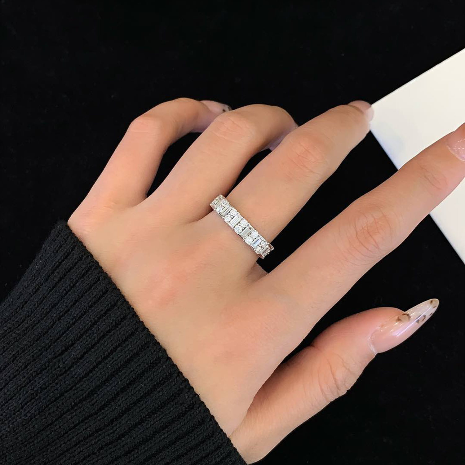 18K Gold Emerald And Round Cut Diamond Eternity Ring Wedding Band