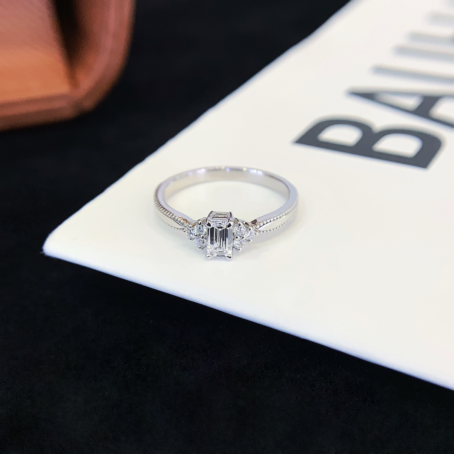 18K Gold Emerald Cut Lab-Grown Diamond Side Stone Engagement Ring