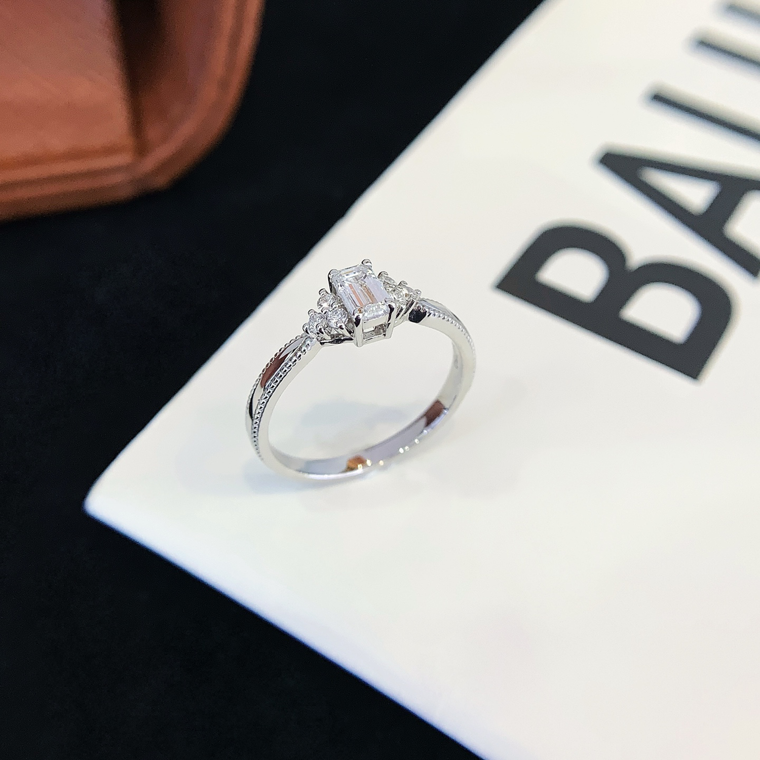 18K Gold Emerald Cut Lab-Grown Diamond Side Stone Engagement Ring