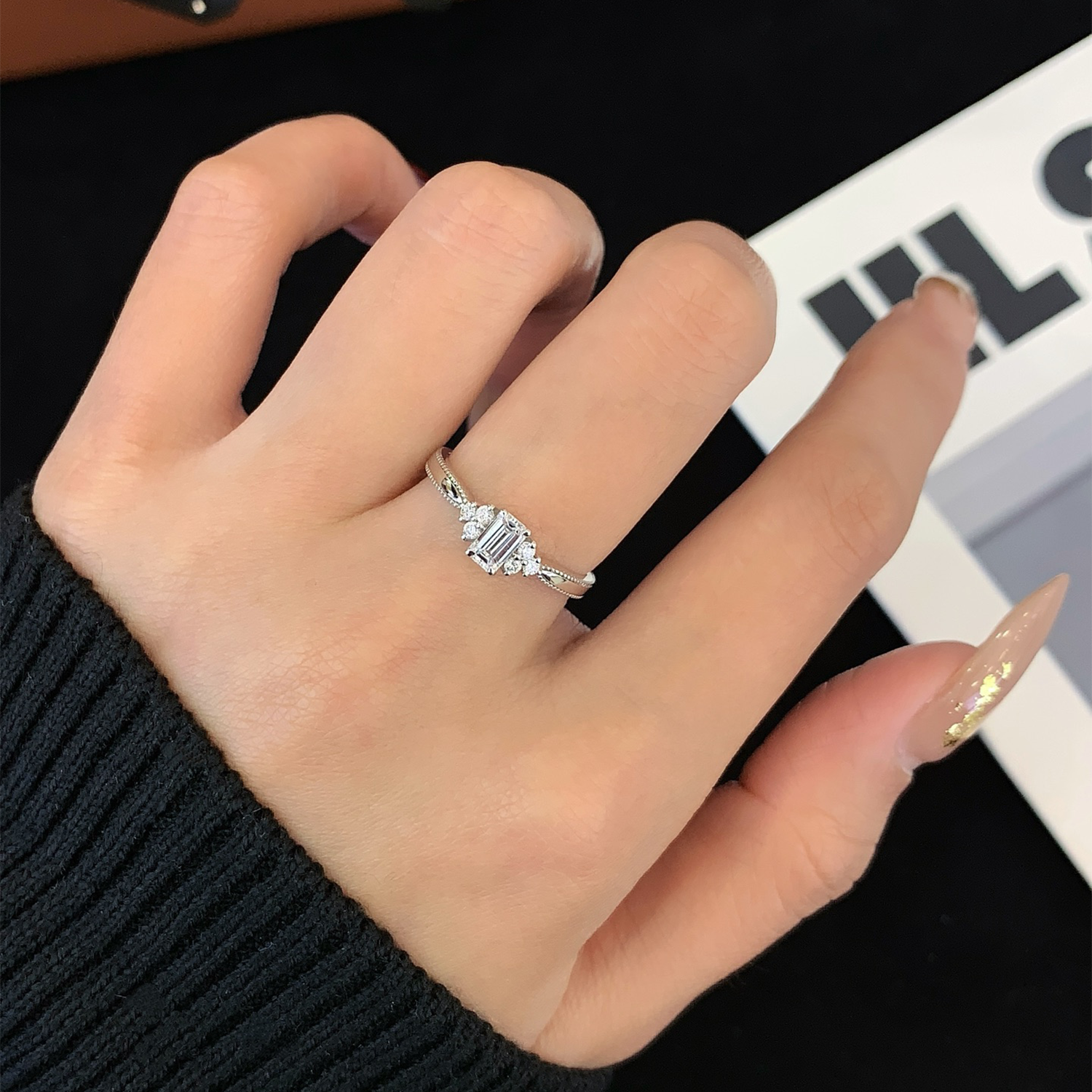 18K Gold Emerald Cut Lab-Grown Diamond Side Stone Engagement Ring