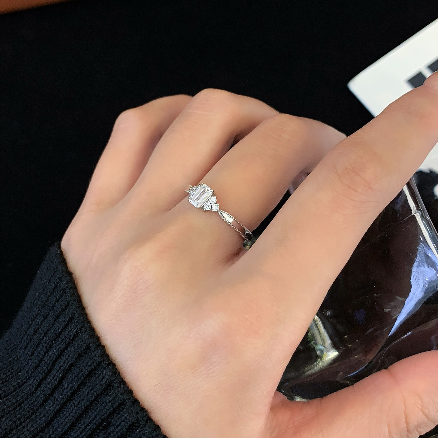 18K Gold Emerald Cut Lab-Grown Diamond Side Stone Engagement Ring