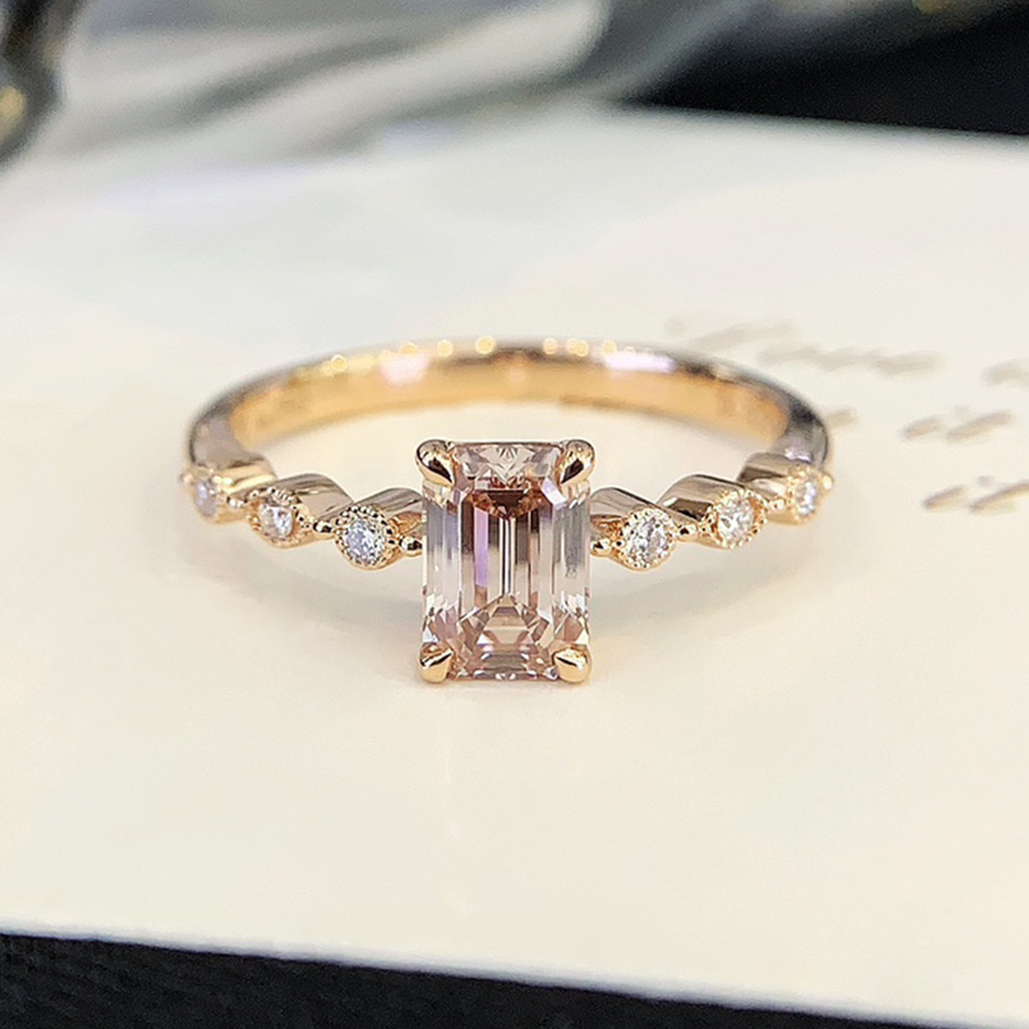 18K Gold Emerald Shaped Lab Grown Pink Diamonds Multistone Engagement Ring