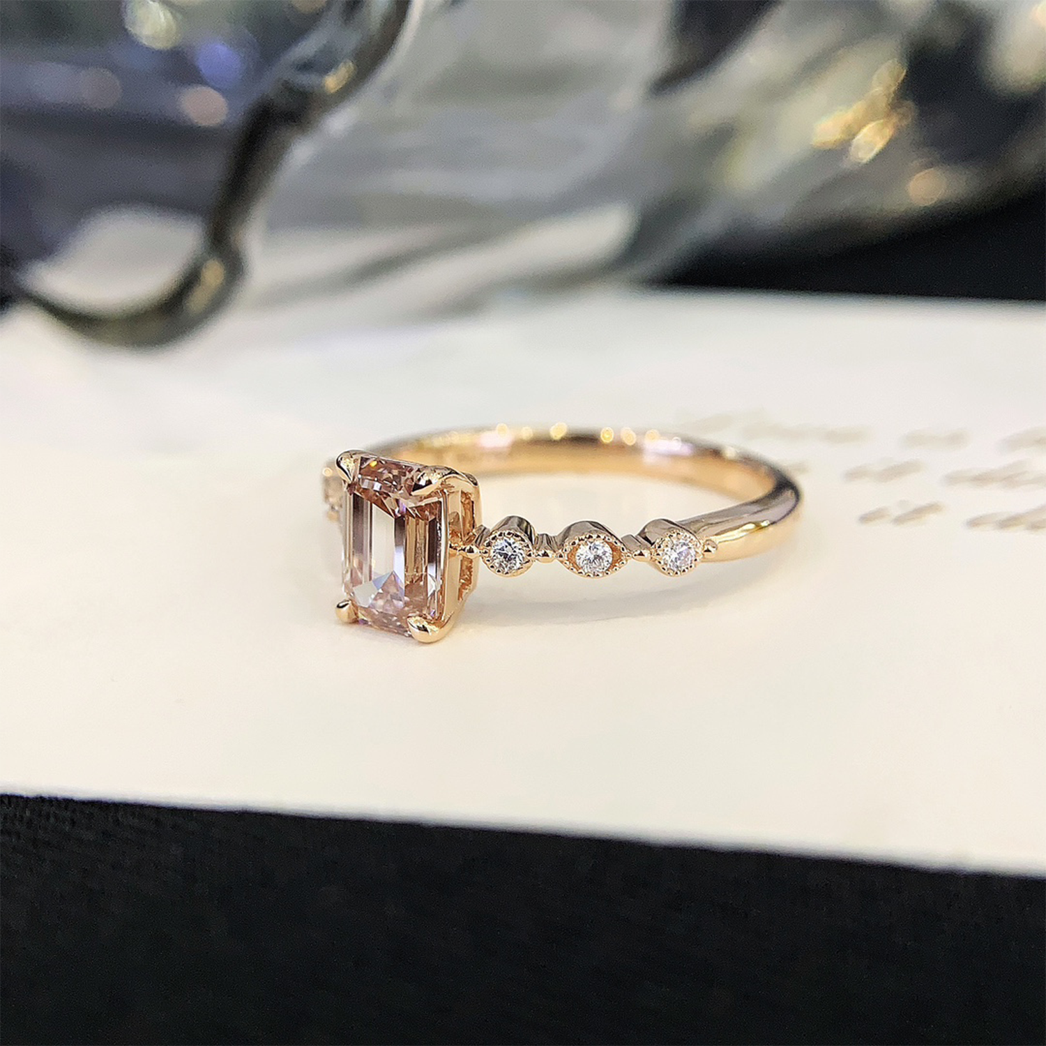 18K Gold Emerald Shaped Lab Grown Pink Diamonds Multistone Engagement Ring