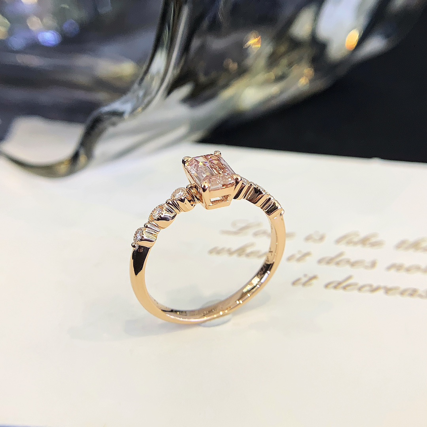 18K Gold Emerald Shaped Lab Grown Pink Diamonds Multistone Engagement Ring