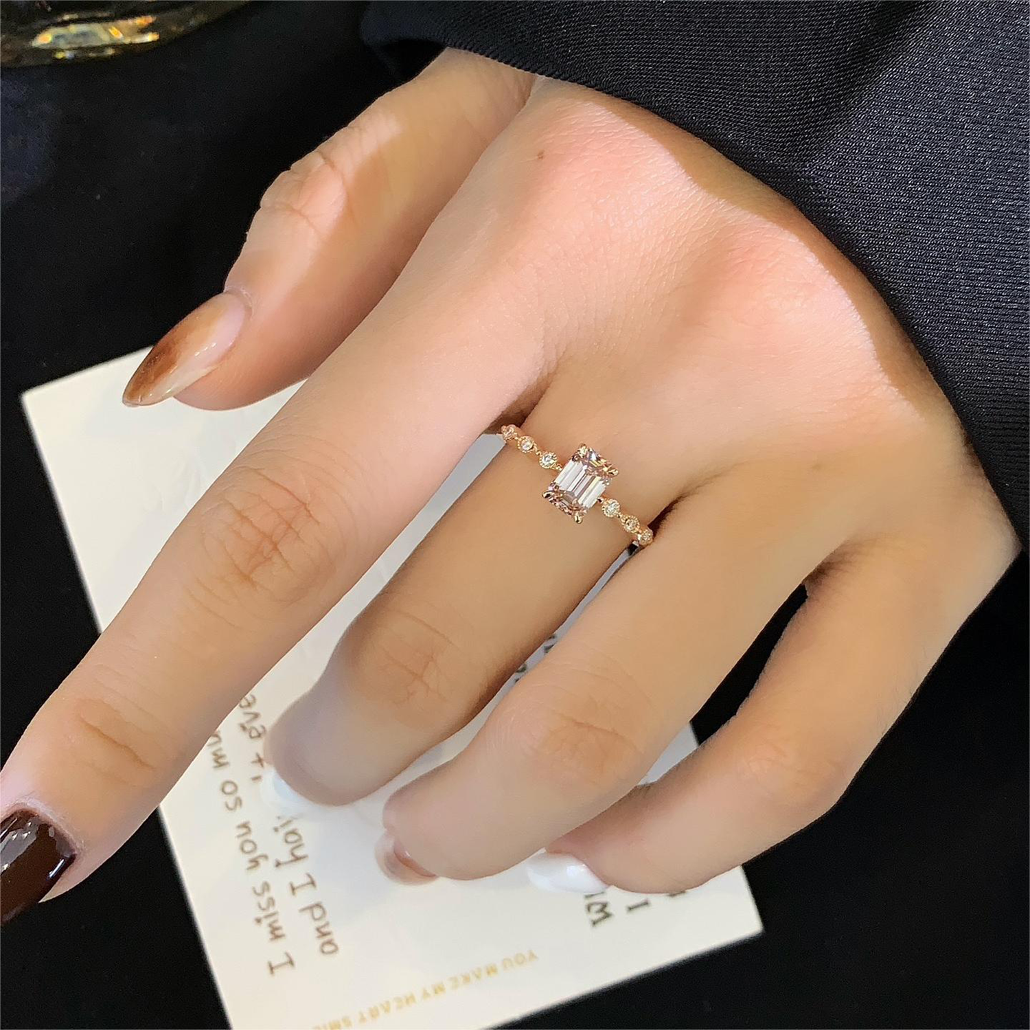 18K Gold Emerald Shaped Lab Grown Pink Diamonds Multistone Engagement Ring