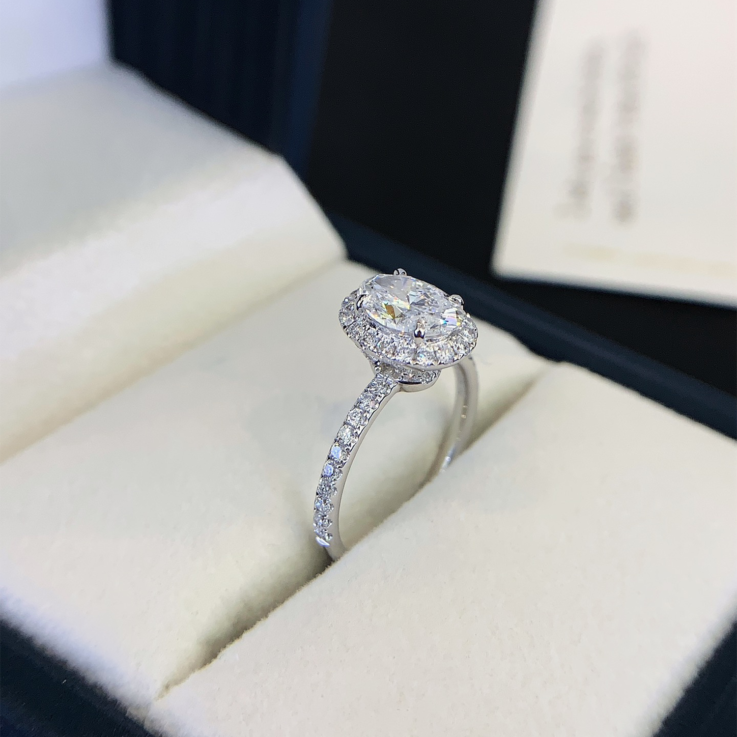 18K Gold Halo Oval Cut Lab-Grown Diamond Accent Engagament Ring