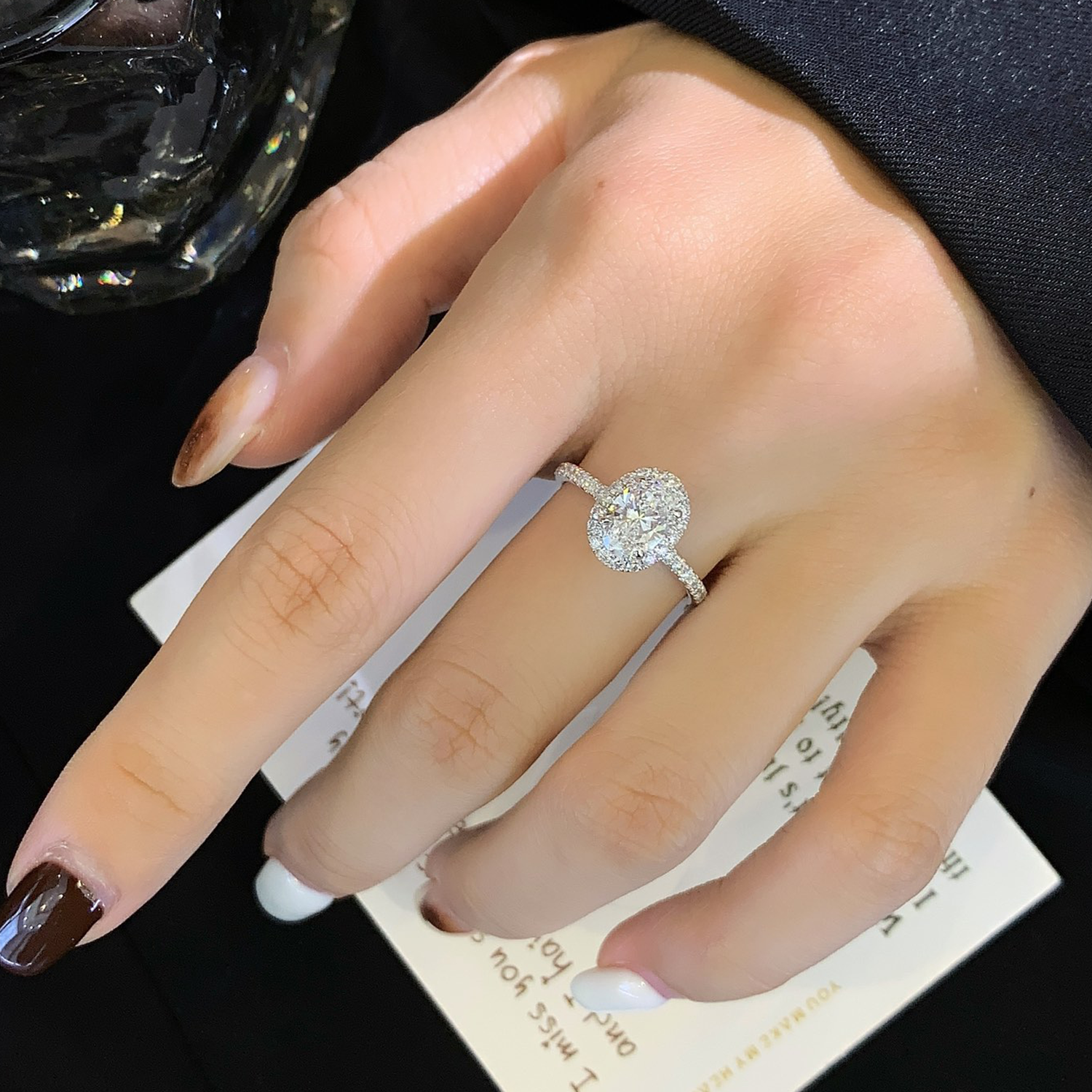 18K Gold Halo Oval Cut Lab-Grown Diamond Accent Engagament Ring