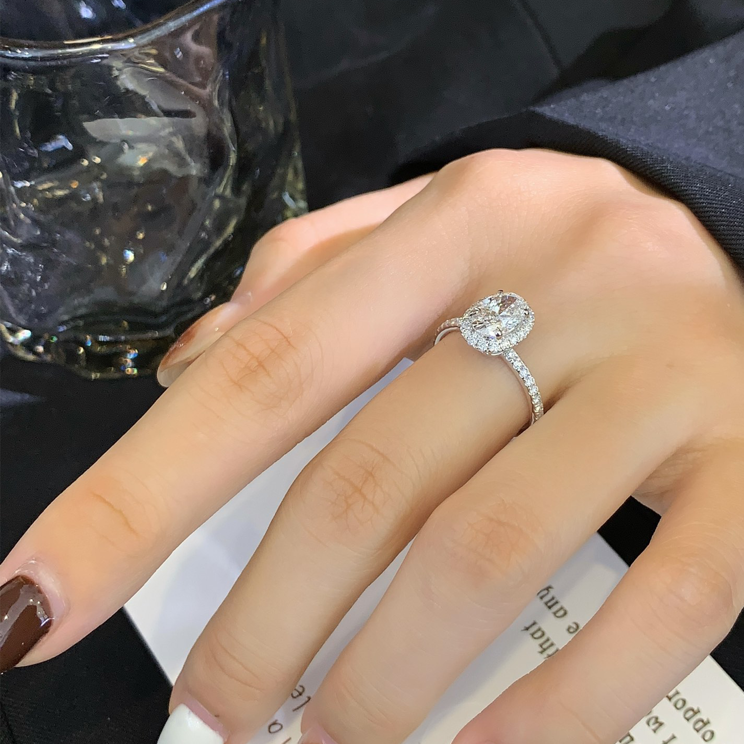 18K Gold Halo Oval Cut Lab-Grown Diamond Accent Engagament Ring