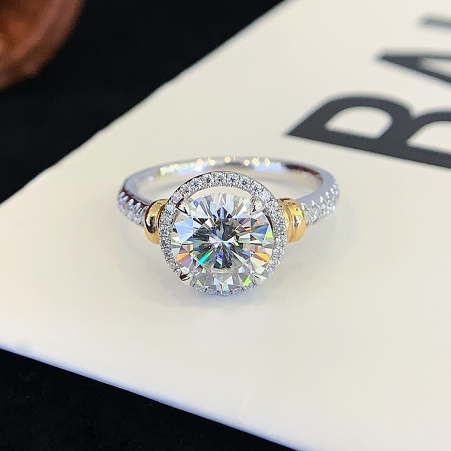 18K Gold Halo Round Cut Diamond Three Stones Two Toned Engagament Ring