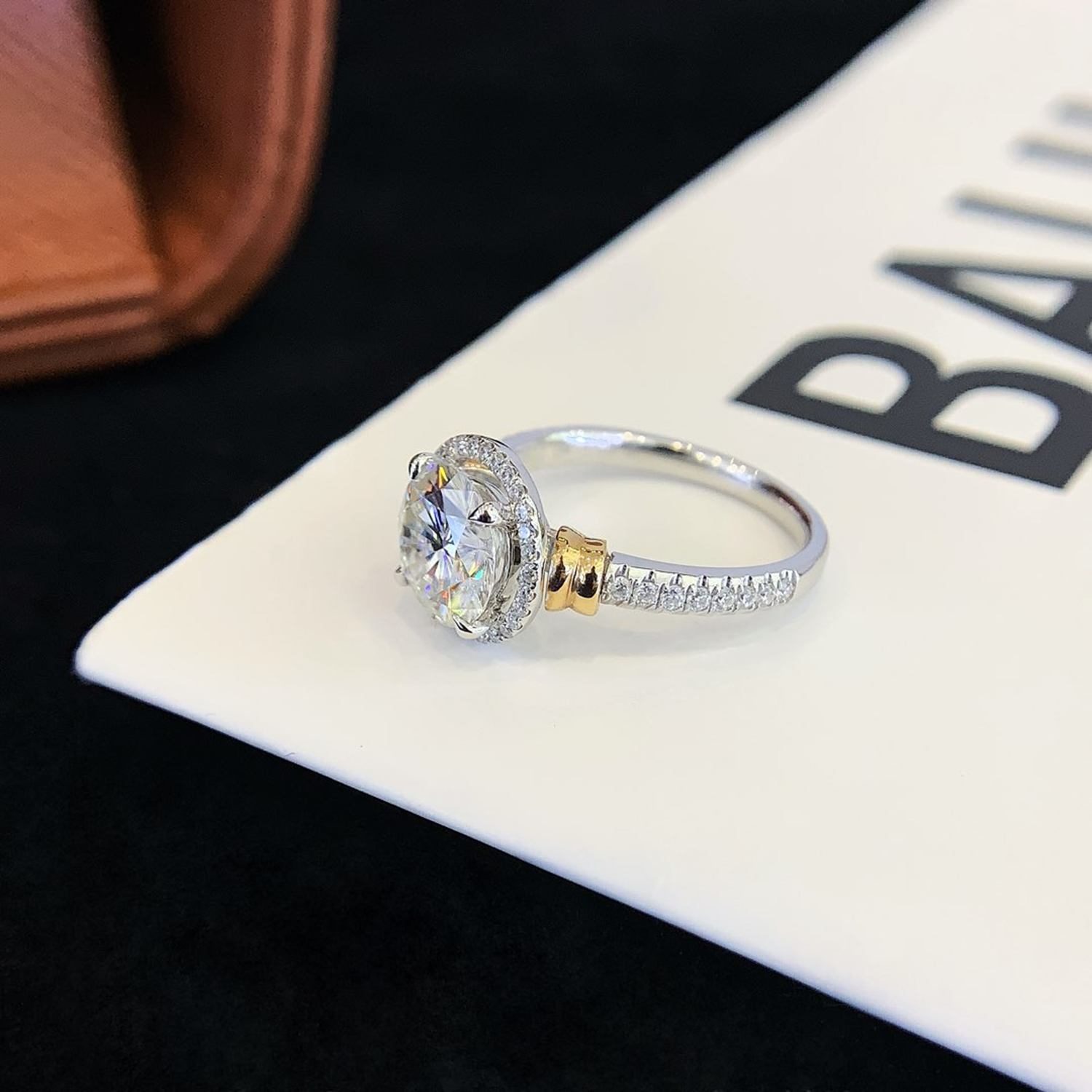 18K Gold Halo Round Cut Diamond Three Stones Two Toned Engagament Ring