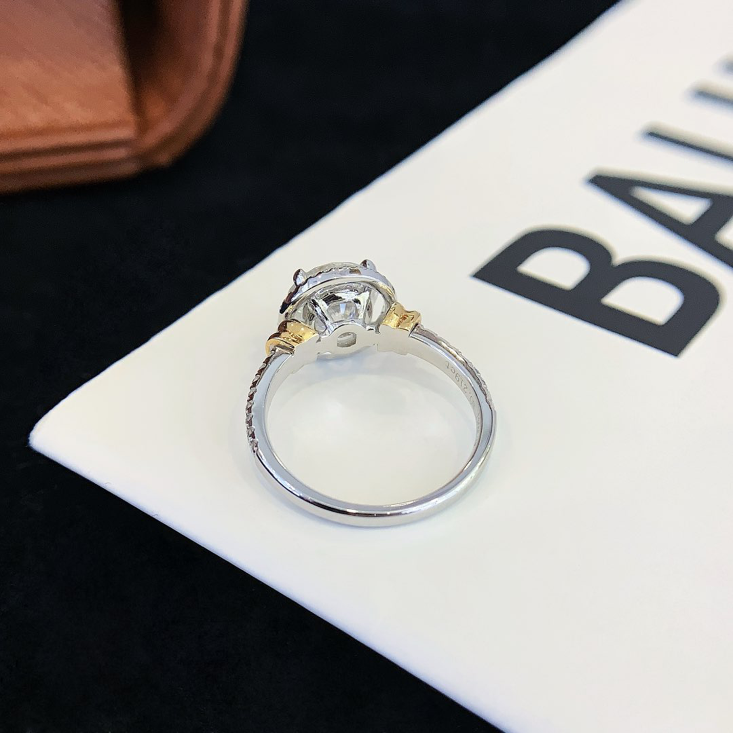 18K Gold Halo Round Cut Diamond Three Stones Two Toned Engagament Ring