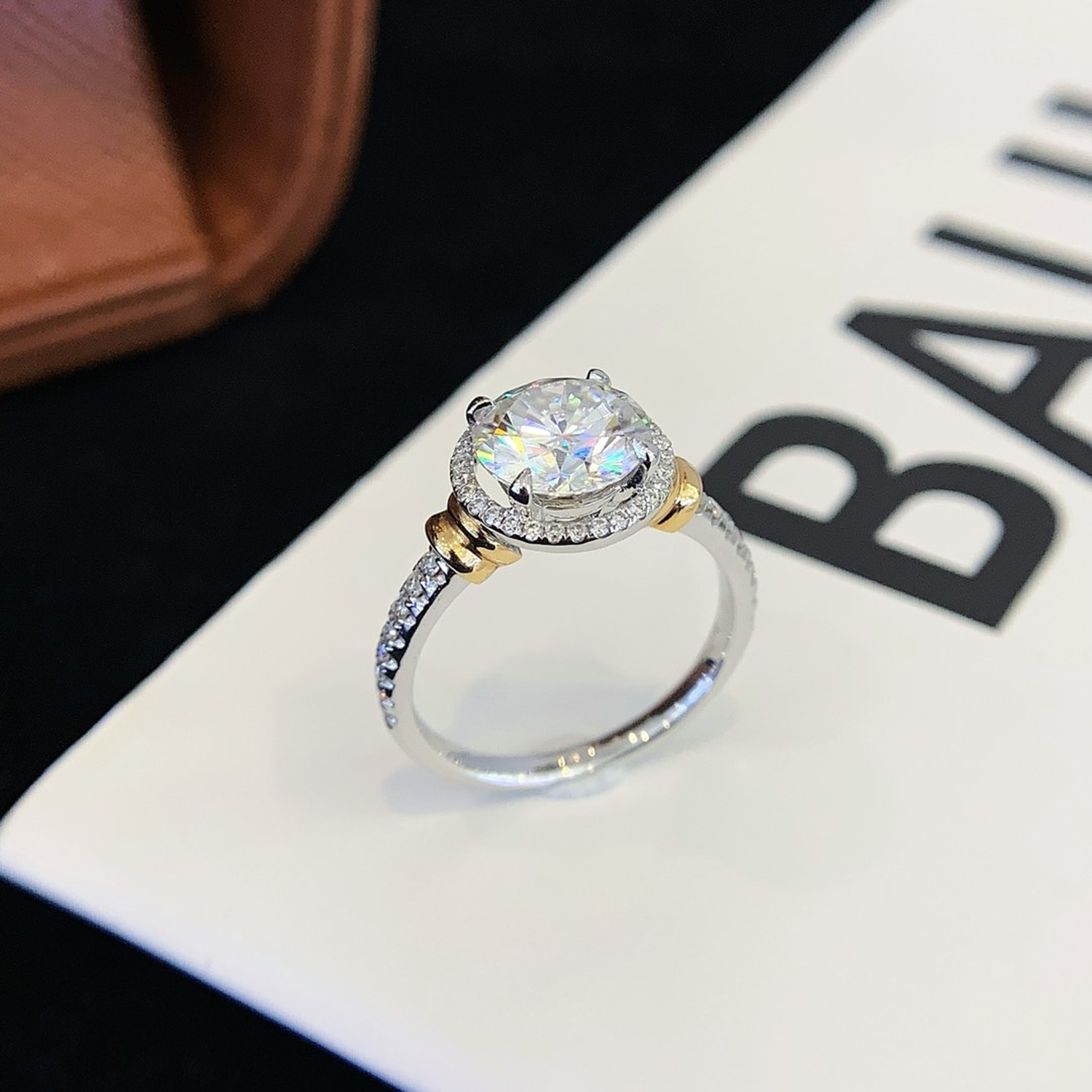 18K Gold Halo Round Cut Diamond Three Stones Two Toned Engagament Ring