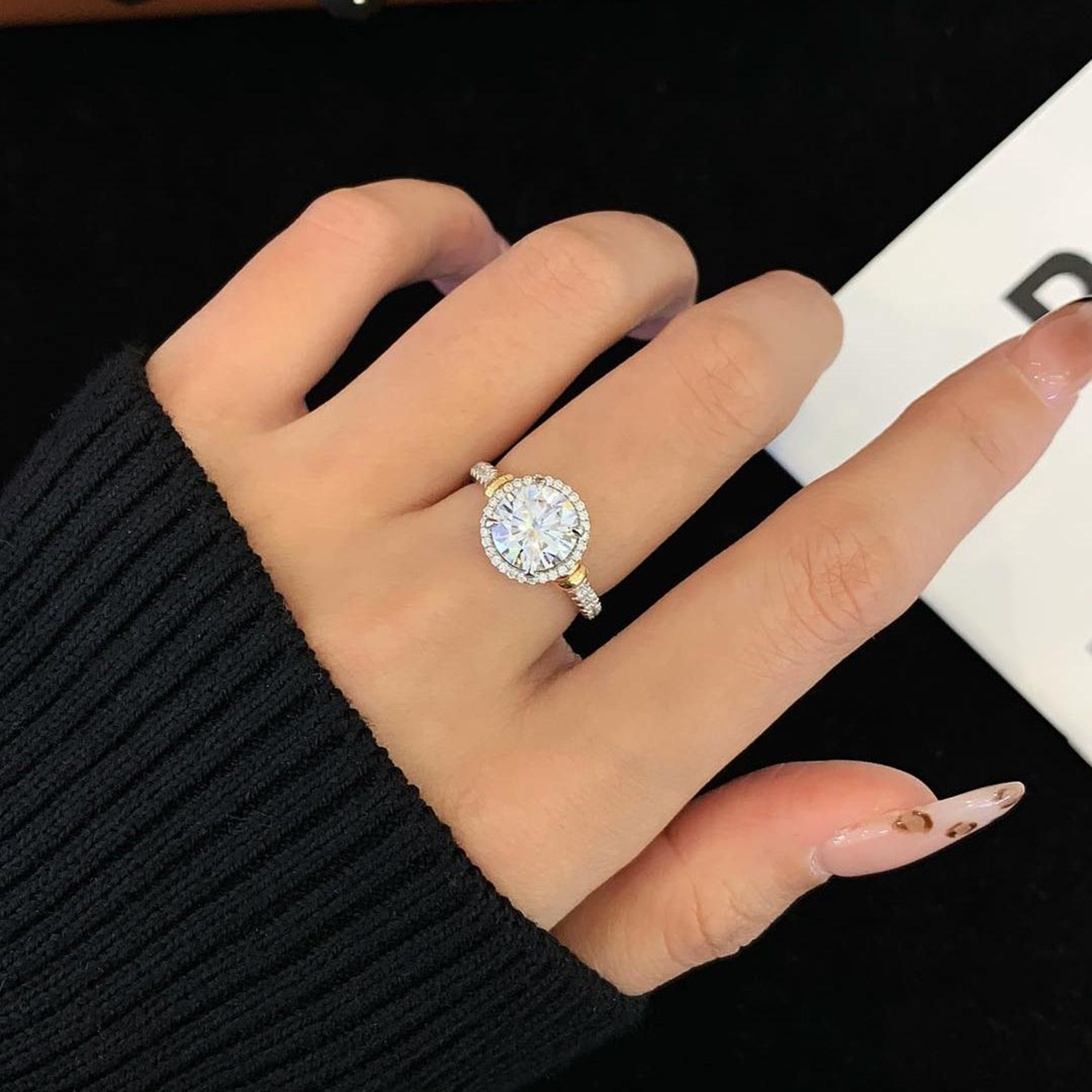 18K Gold Halo Round Cut Diamond Three Stones Two Toned Engagament Ring