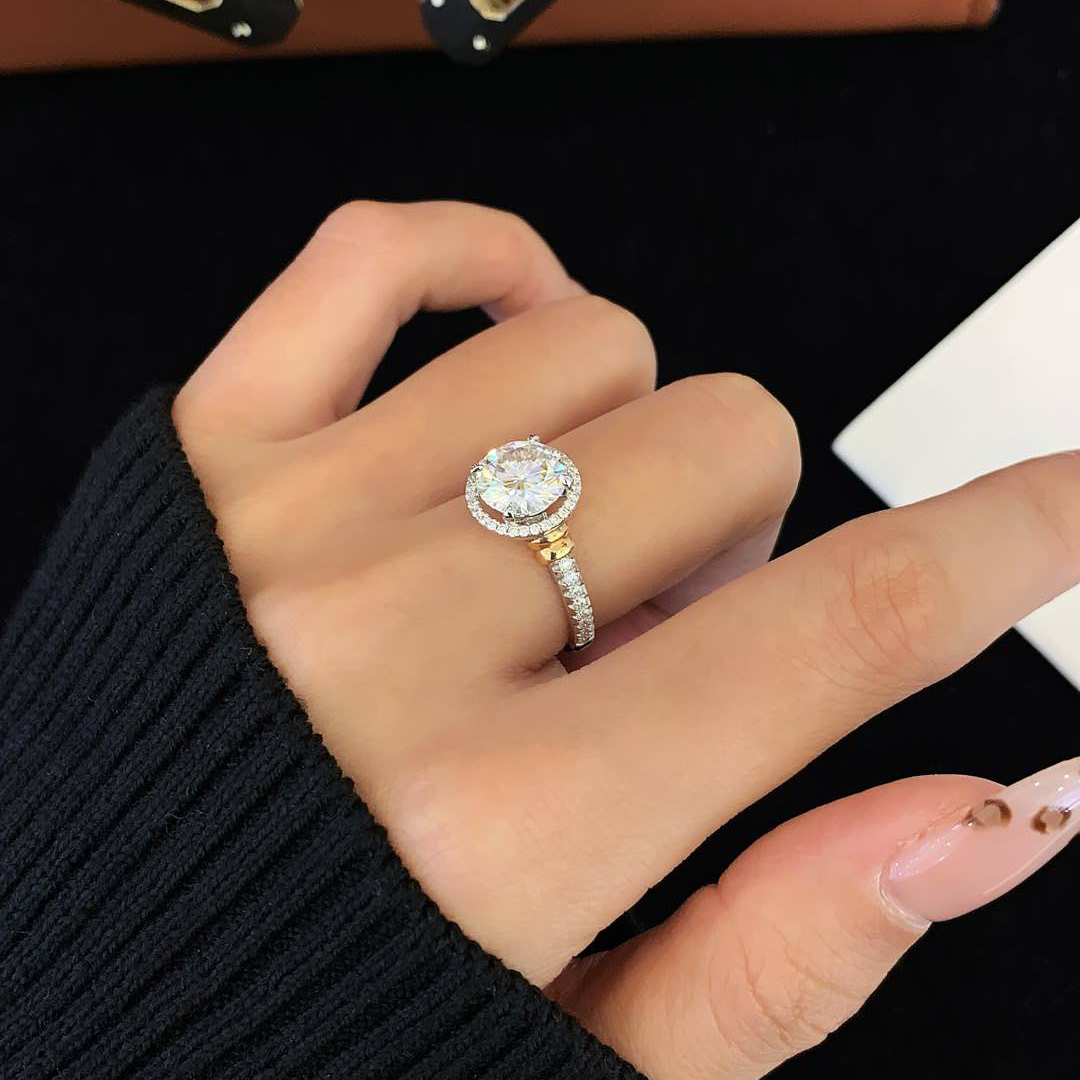 18K Gold Halo Round Cut Diamond Three Stones Two Toned Engagament Ring