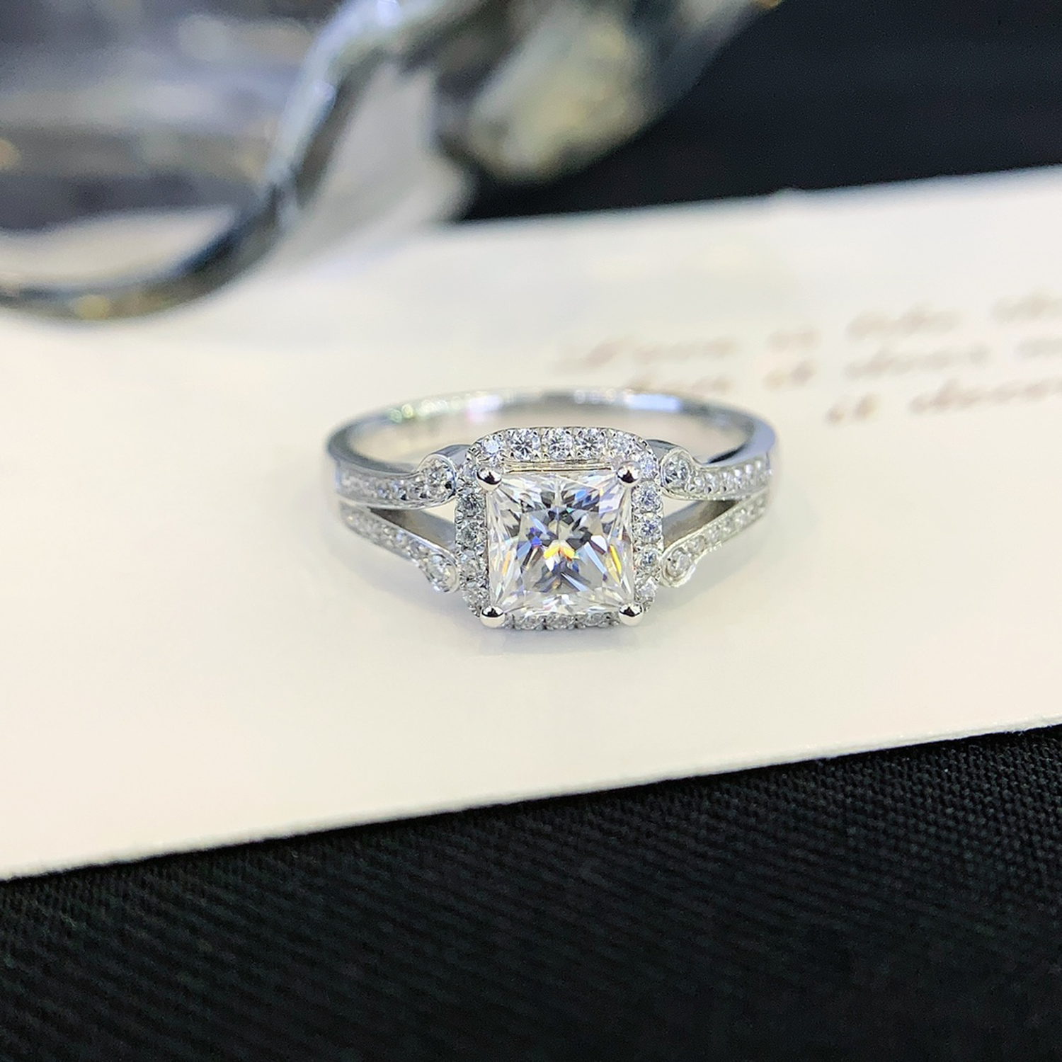 18K Gold Princess Cut Diamond Two Row Accent Engagement Ring