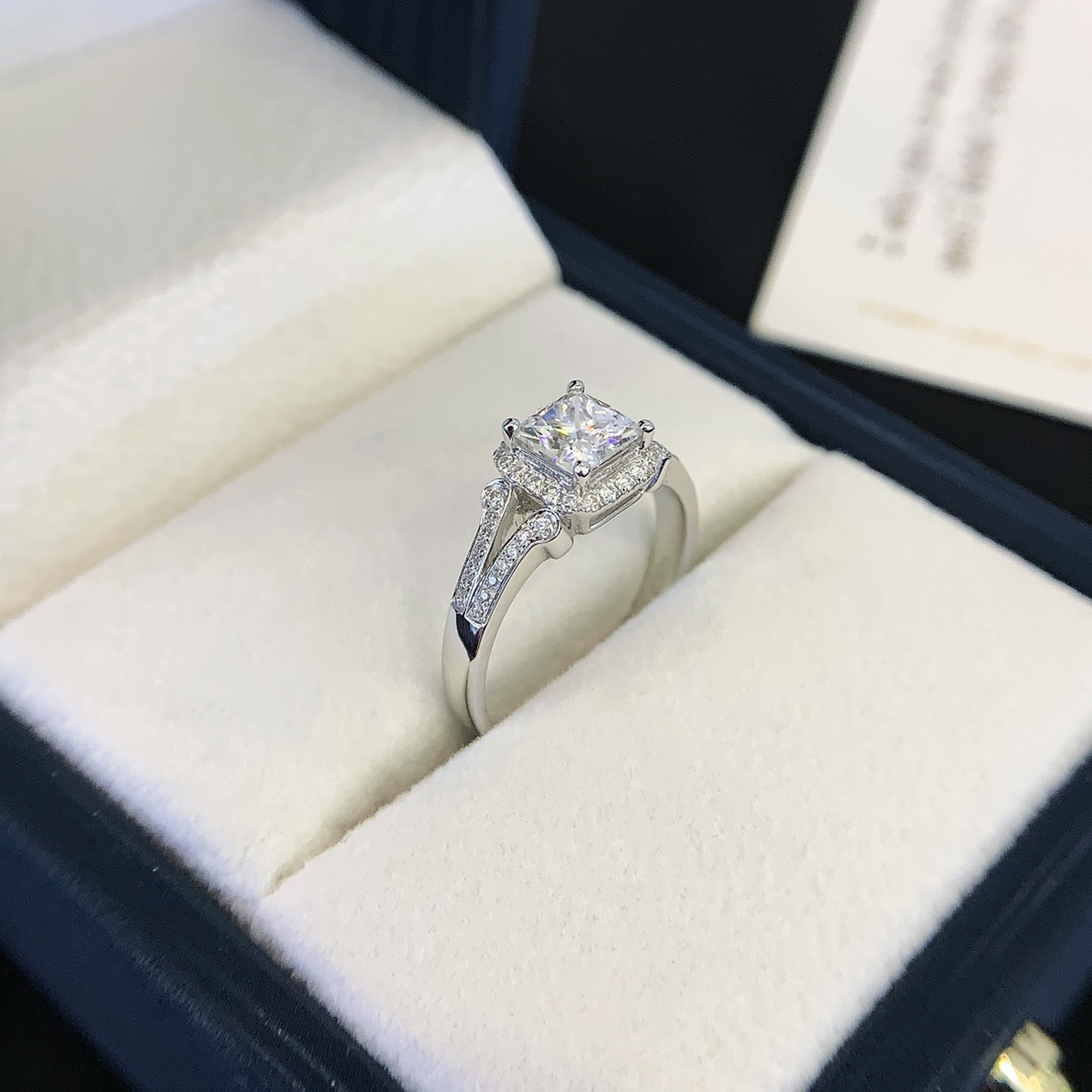 18K Gold Princess Cut Diamond Two Row Accent Engagement Ring