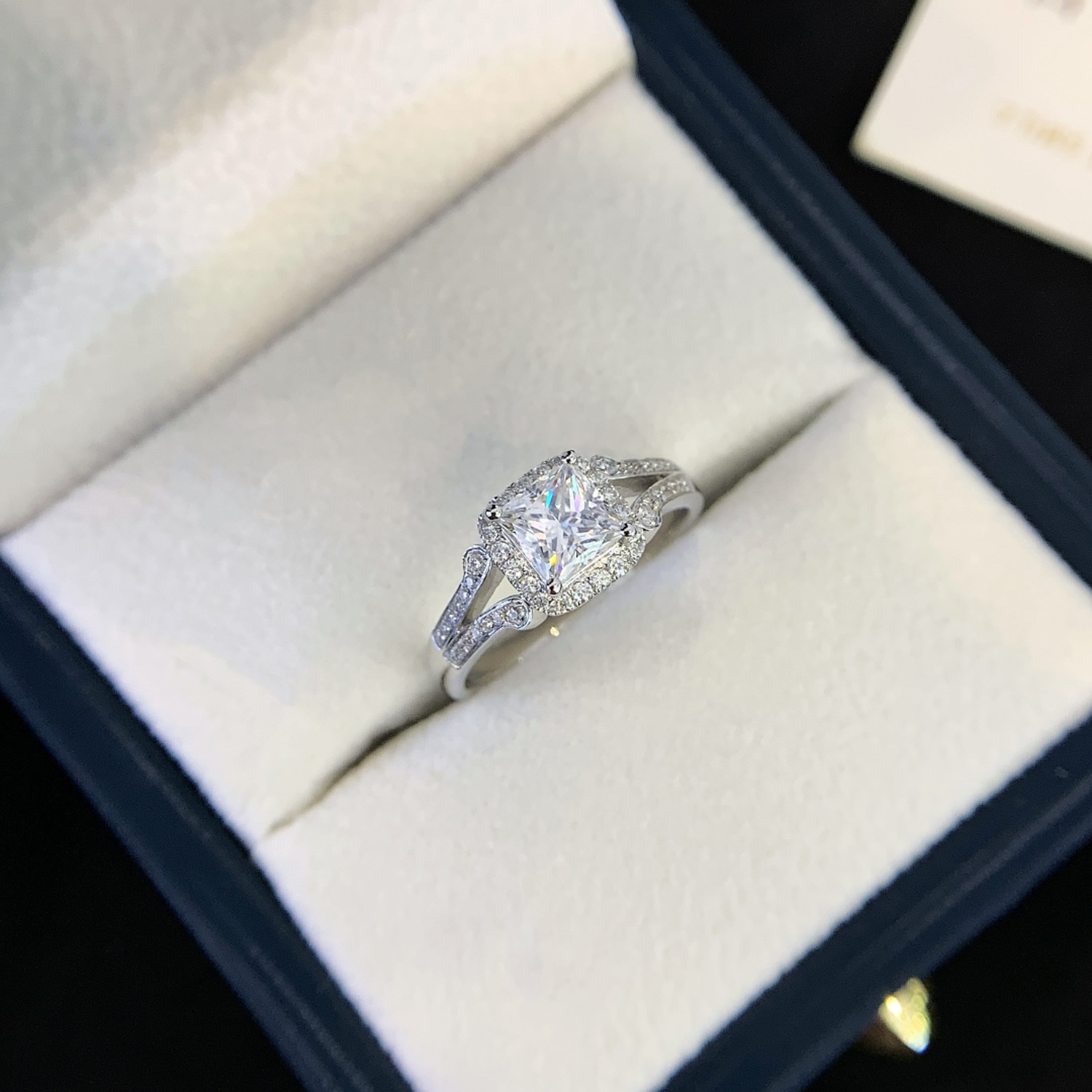 18K Gold Princess Cut Diamond Two Row Accent Engagement Ring