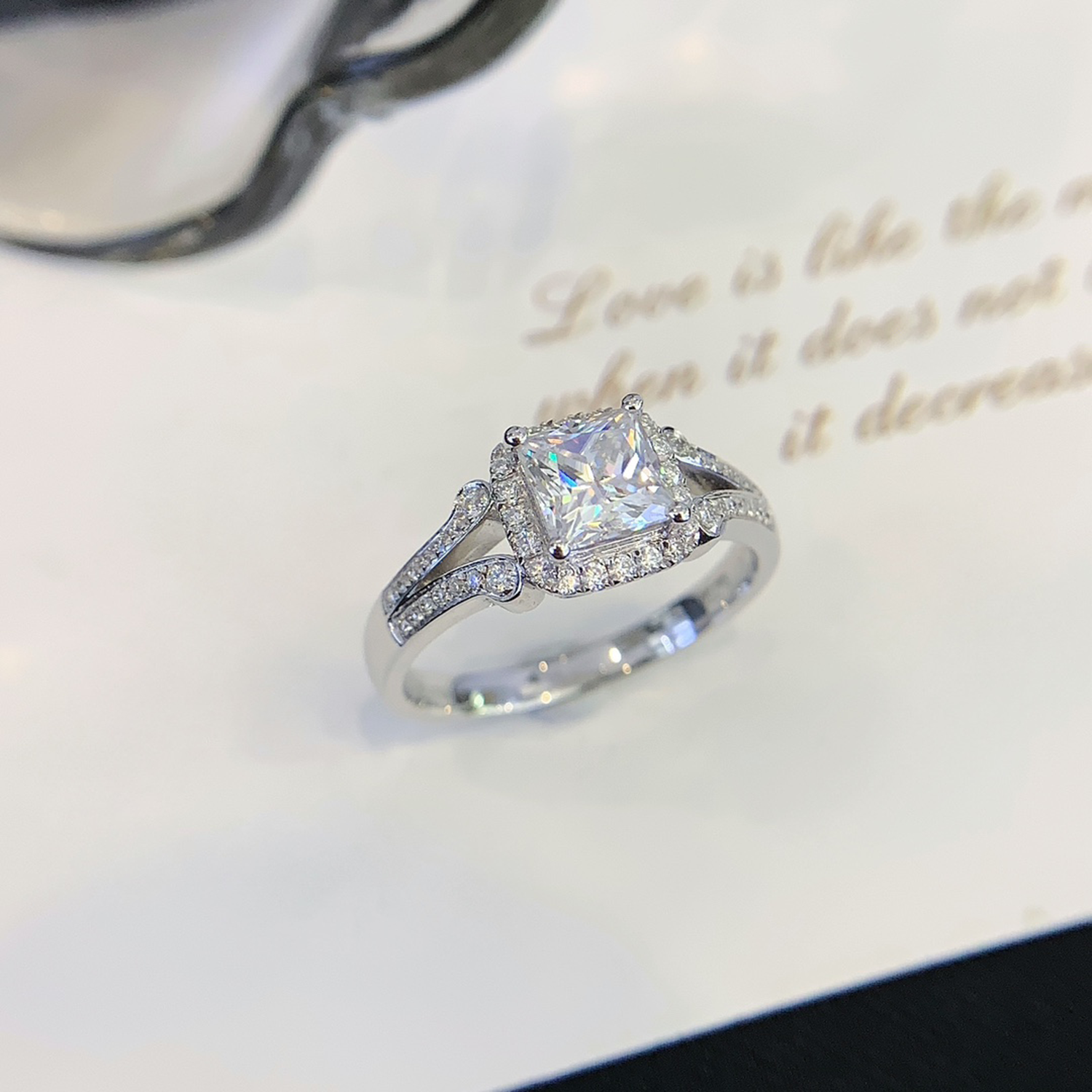 18K Gold Princess Cut Diamond Two Row Accent Engagement Ring