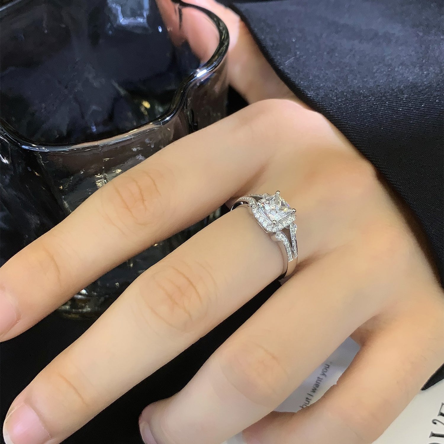 18K Gold Princess Cut Diamond Two Row Accent Engagement Ring