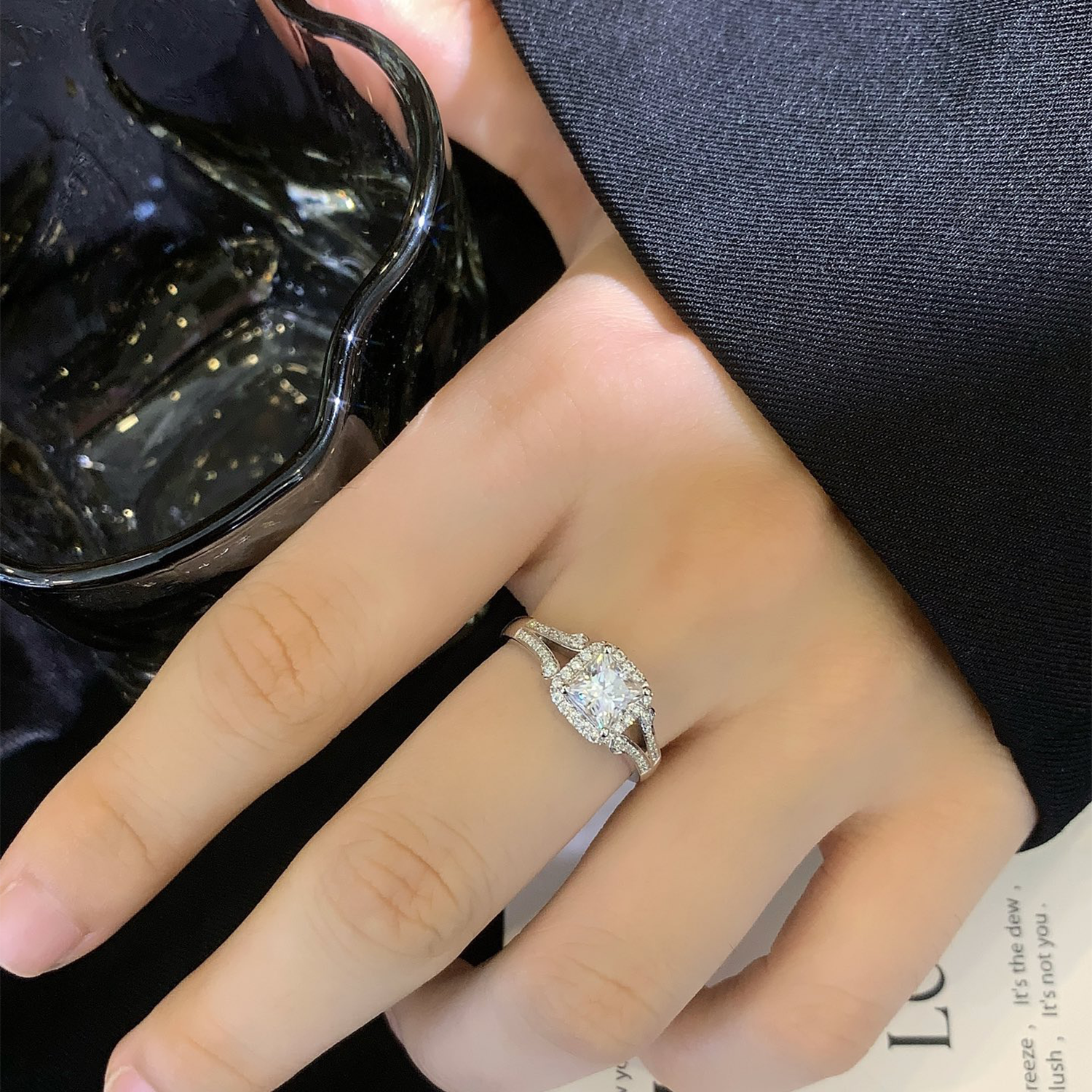 18K Gold Princess Cut Diamond Two Row Accent Engagement Ring