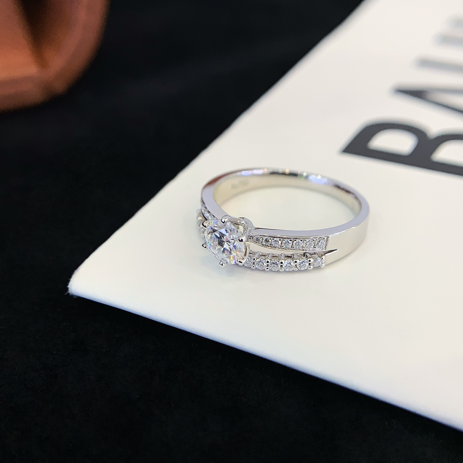 18K Gold Round Cut Diamond Two Row Accent Engagement Ring