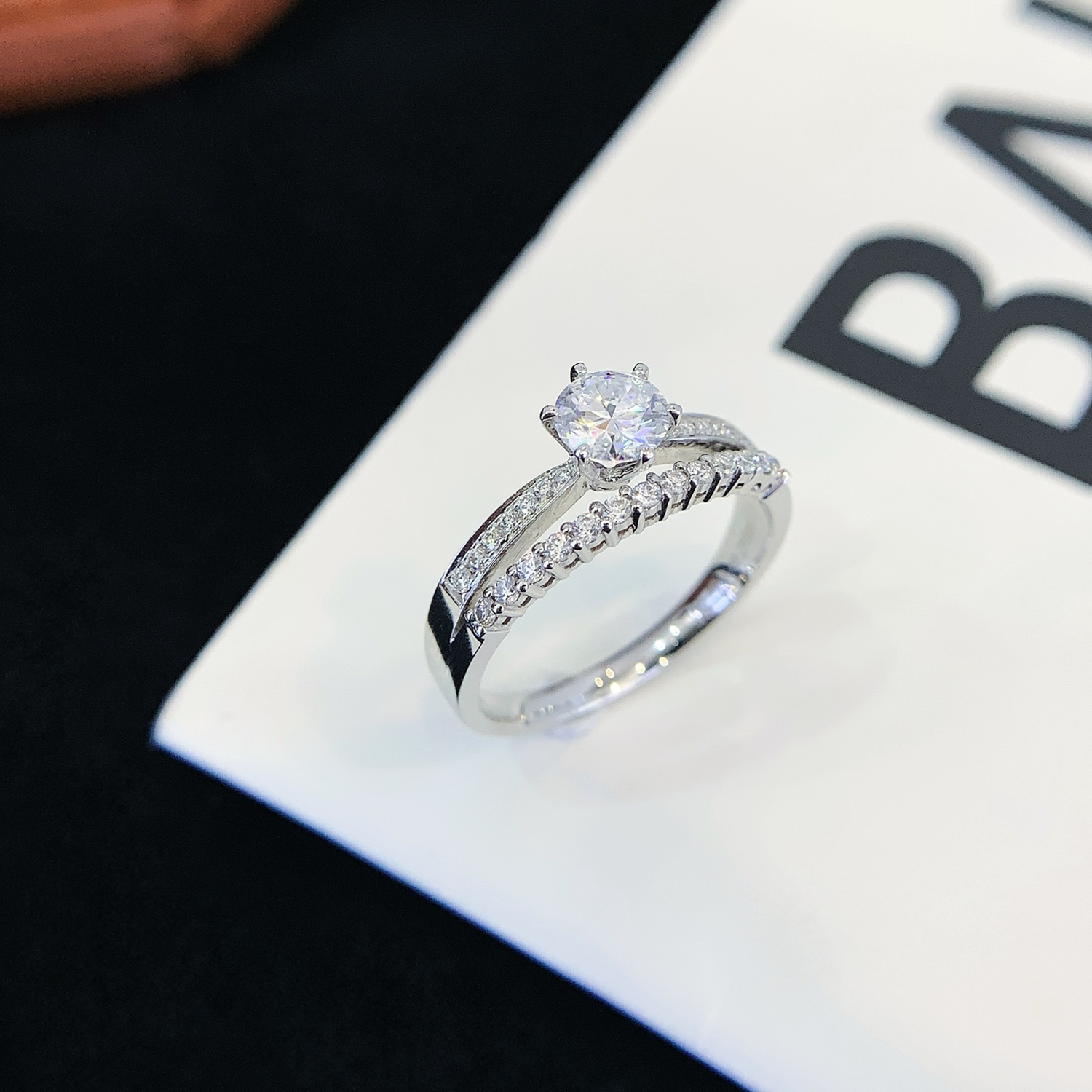 18K Gold Round Cut Diamond Two Row Accent Engagement Ring