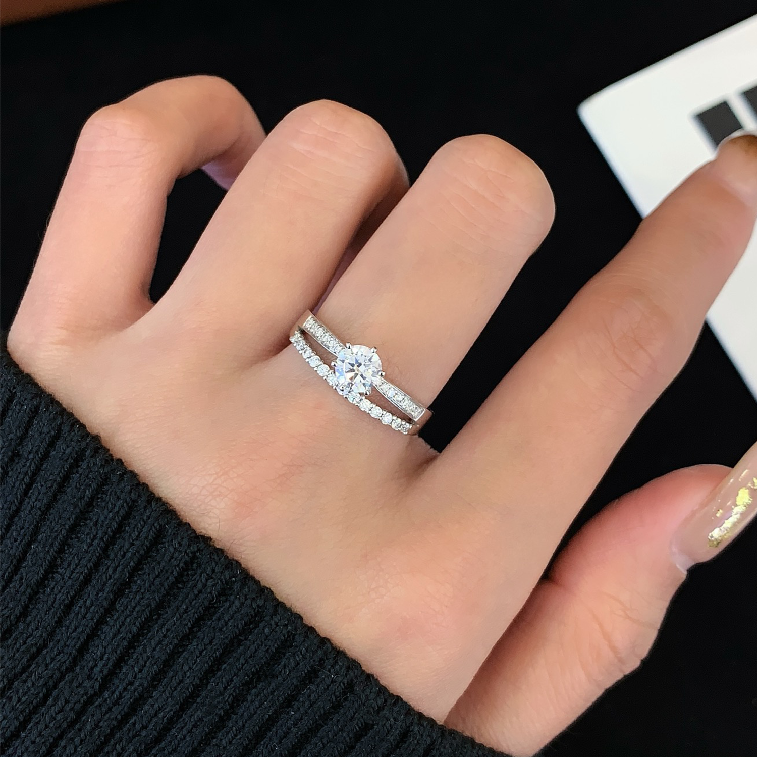 18K Gold Round Cut Diamond Two Row Accent Engagement Ring