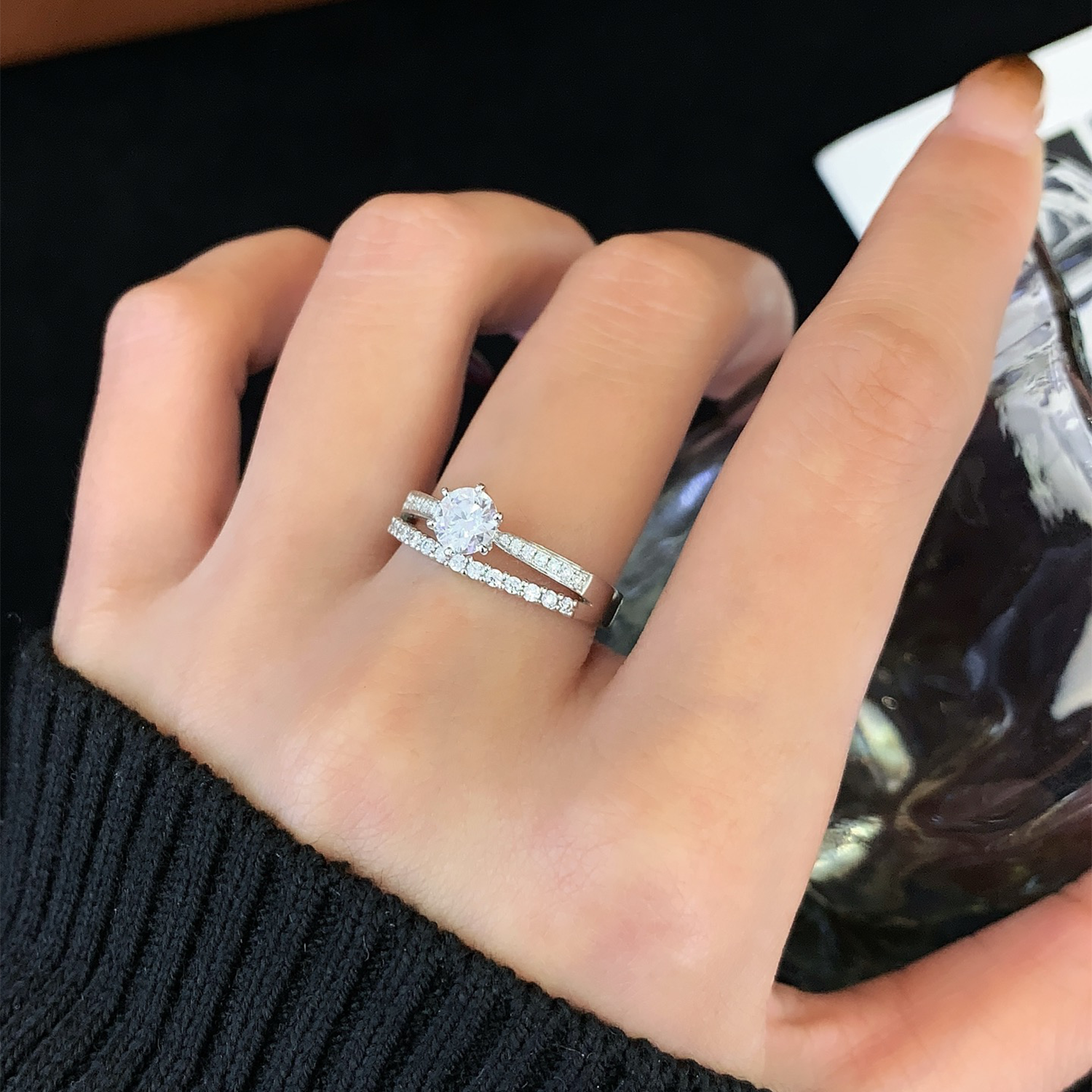 18K Gold Round Cut Diamond Two Row Accent Engagement Ring