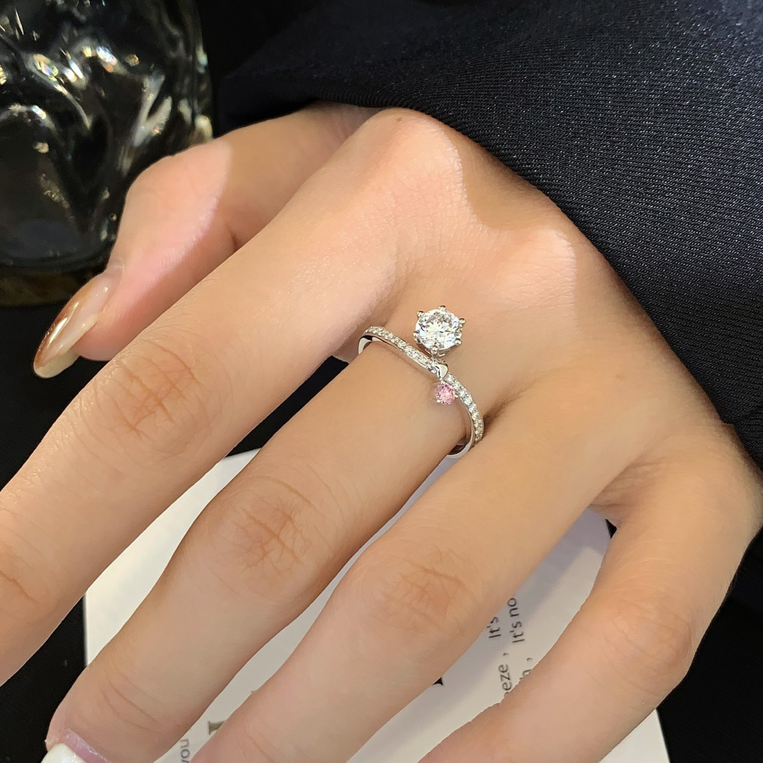 18K Gold Round Cut White And Pink Lab-Grown Diamond Accents Engagement Ring