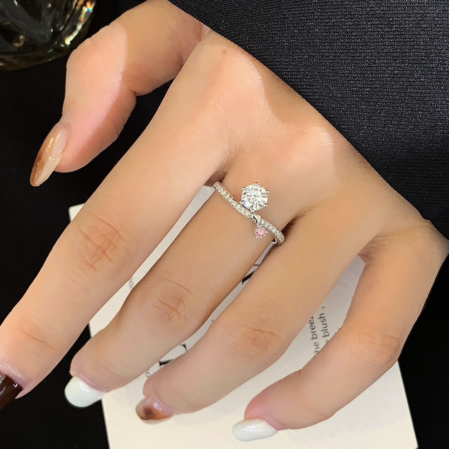 18K Gold Round Cut White And Pink Lab-Grown Diamond Accents Engagement Ring