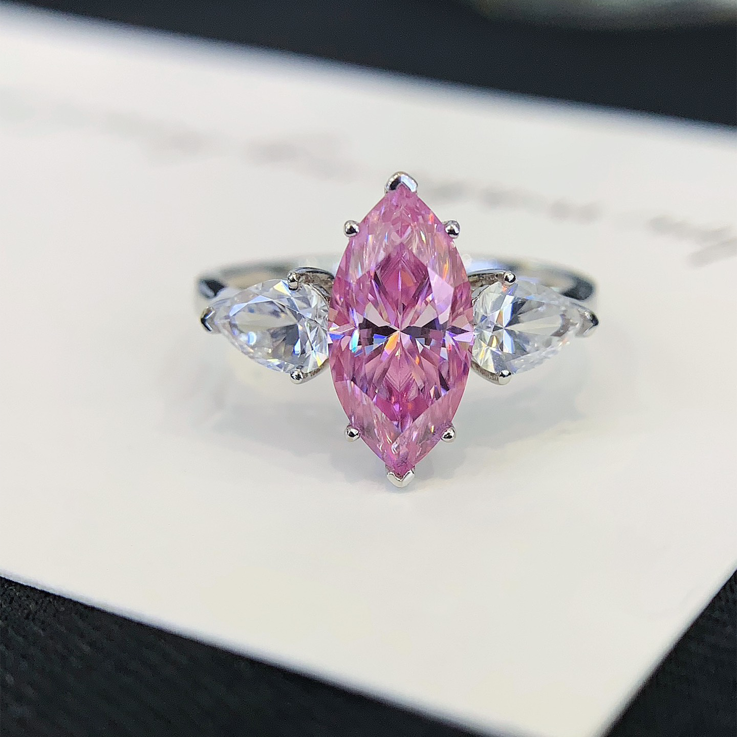 18K Gold Three Stones Pink Marquise Cut Diamond Engagement Ring