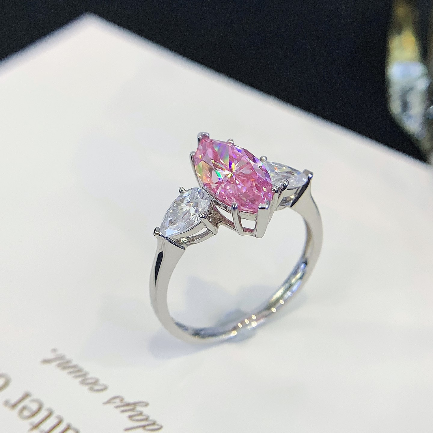 18K Gold Three Stones Pink Marquise Cut Diamond Engagement Ring