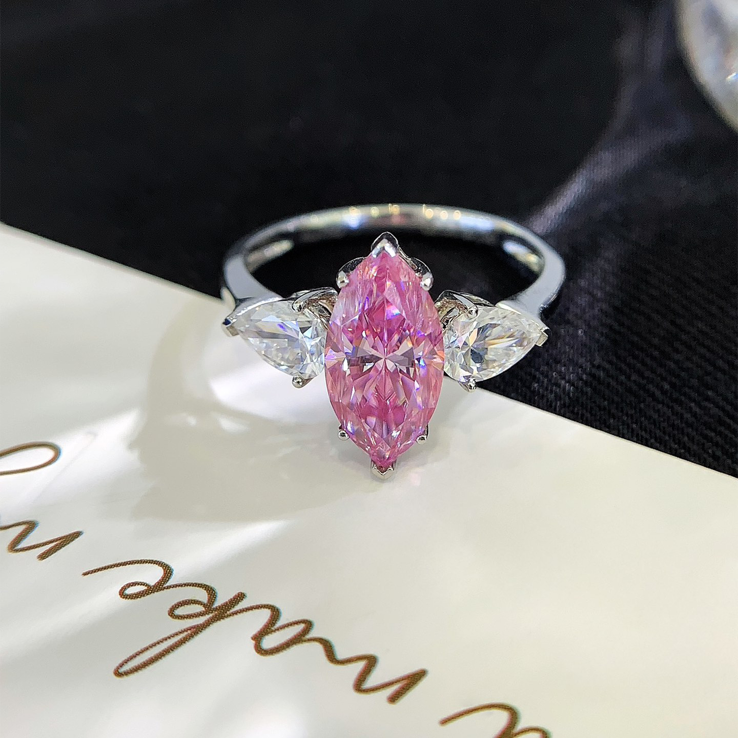 18K Gold Three Stones Pink Marquise Cut Diamond Engagement Ring