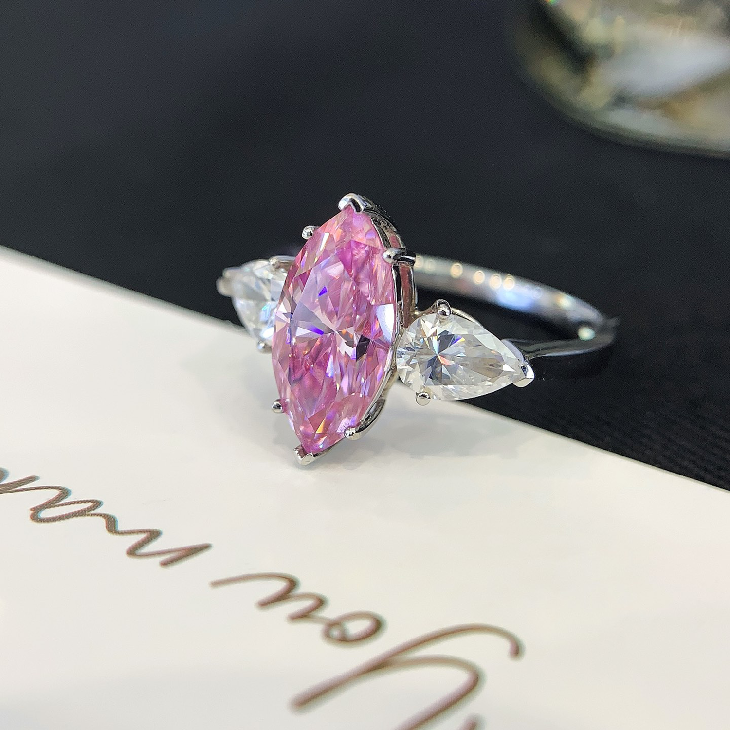 18K Gold Three Stones Pink Marquise Cut Diamond Engagement Ring