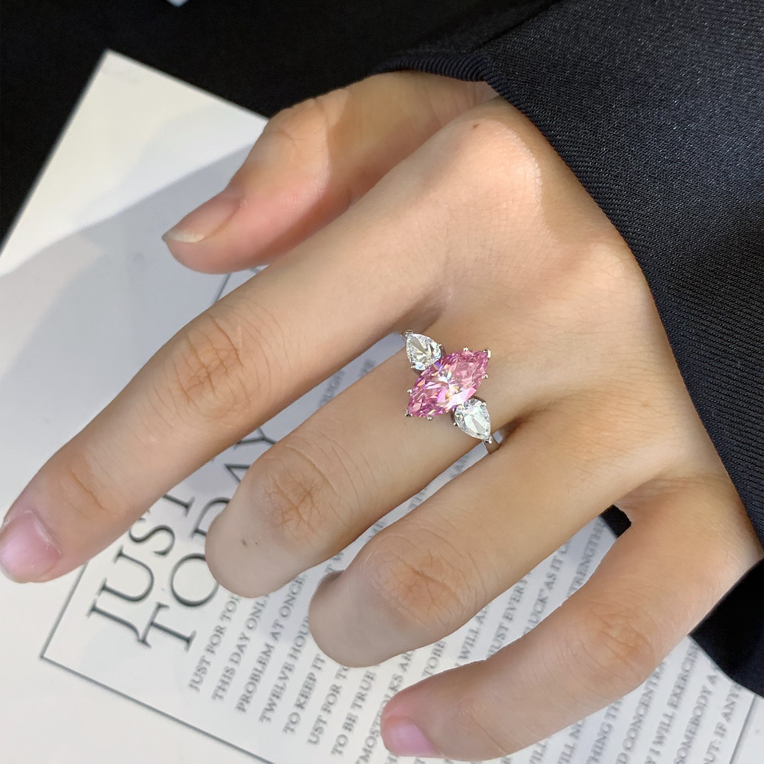 18K Gold Three Stones Pink Marquise Cut Diamond Engagement Ring