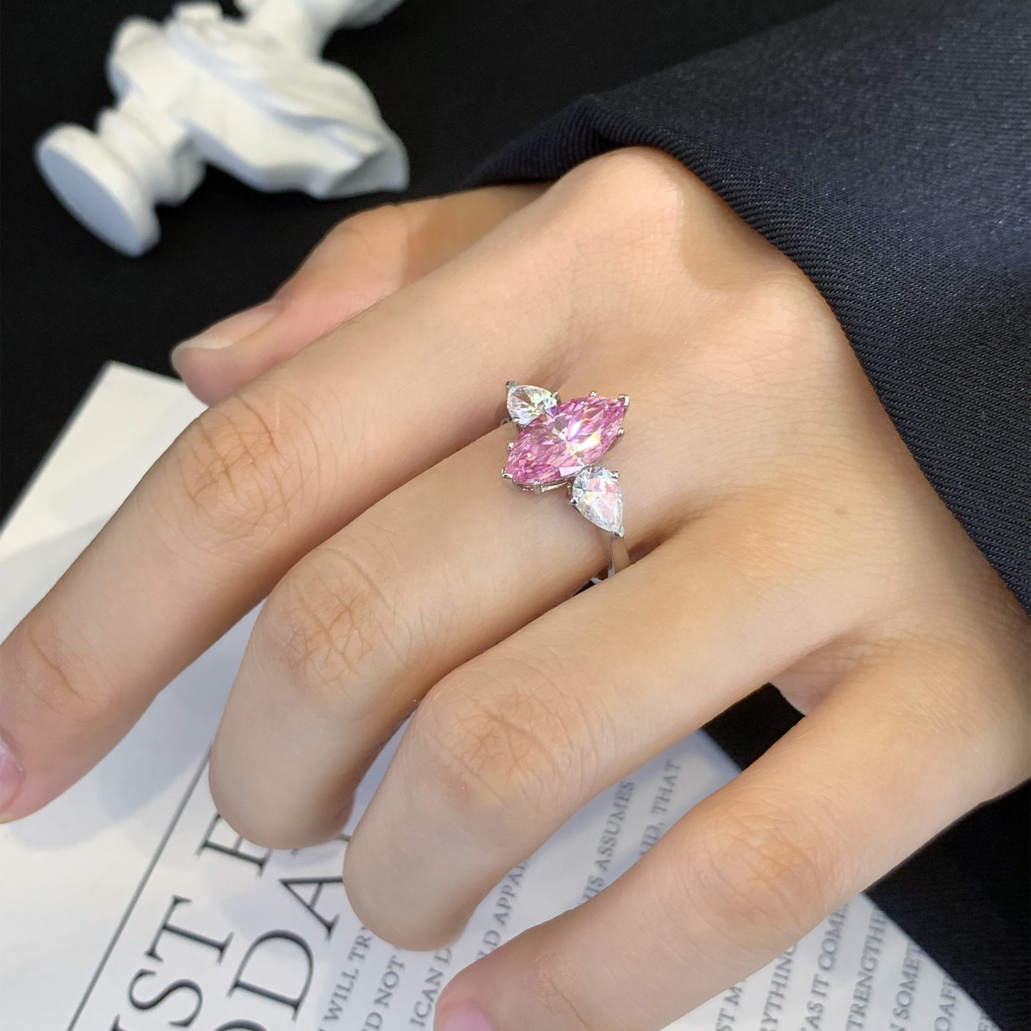 18K Gold Three Stones Pink Marquise Cut Diamond Engagement Ring