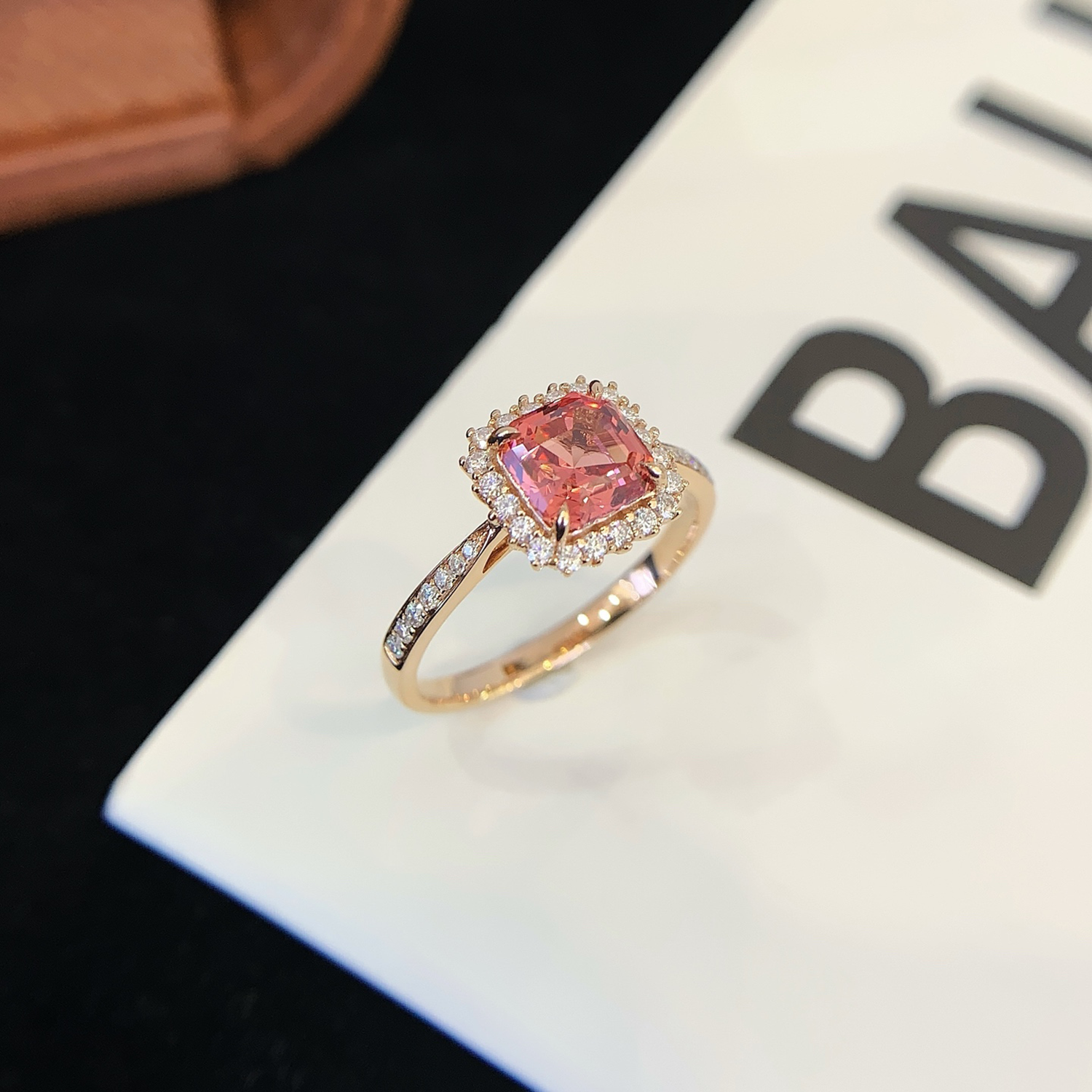 18k Rose Gold Ascher Cut Vintage Lab Grown Peachy Pink Sapphire Diamond Engagement Ring