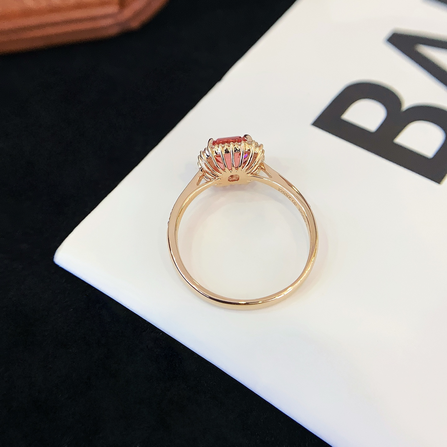 18k Rose Gold Ascher Cut Vintage Lab Grown Peachy Pink Sapphire Diamond Engagement Ring