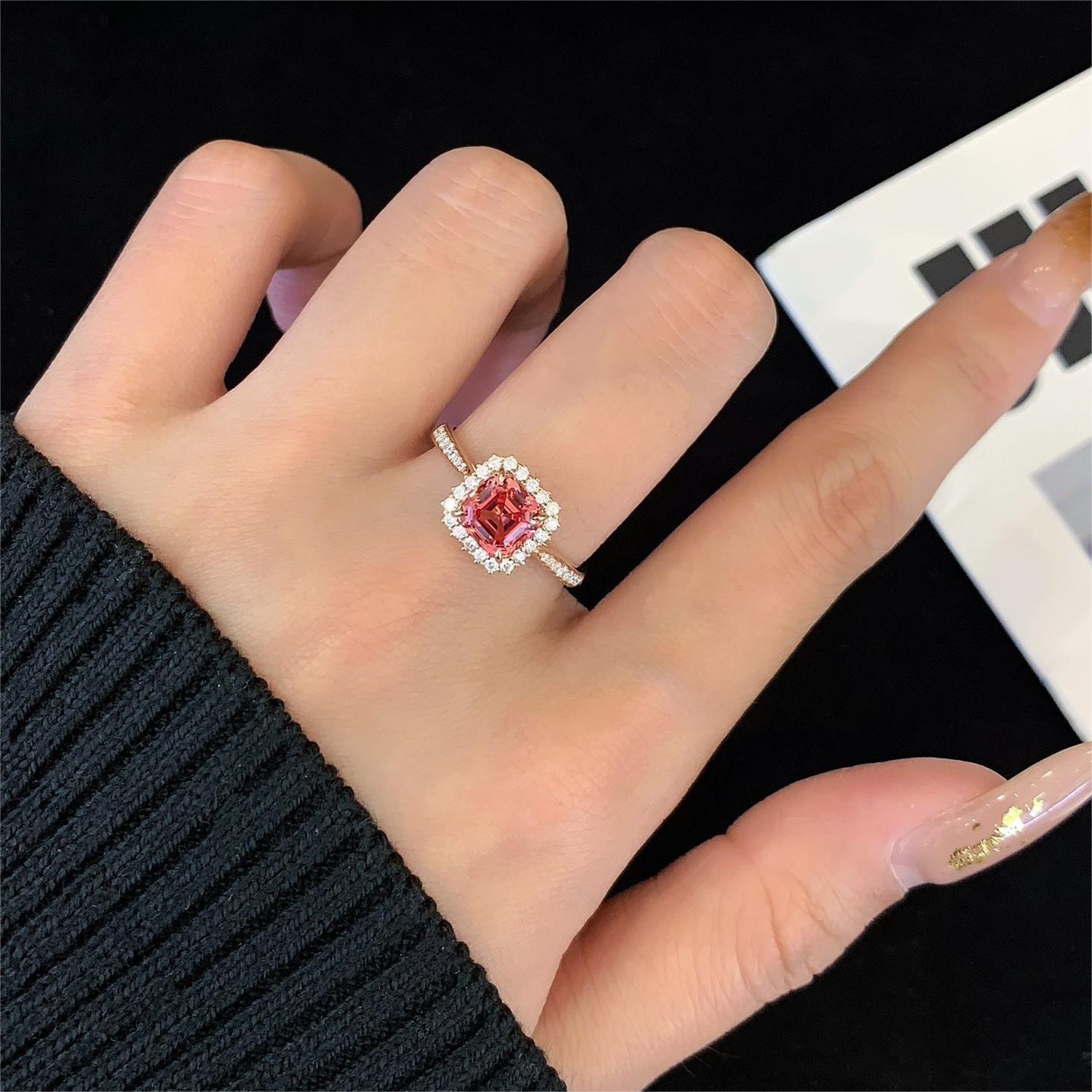 18k Rose Gold Ascher Cut Vintage Lab Grown Peachy Pink Sapphire Diamond Engagement Ring