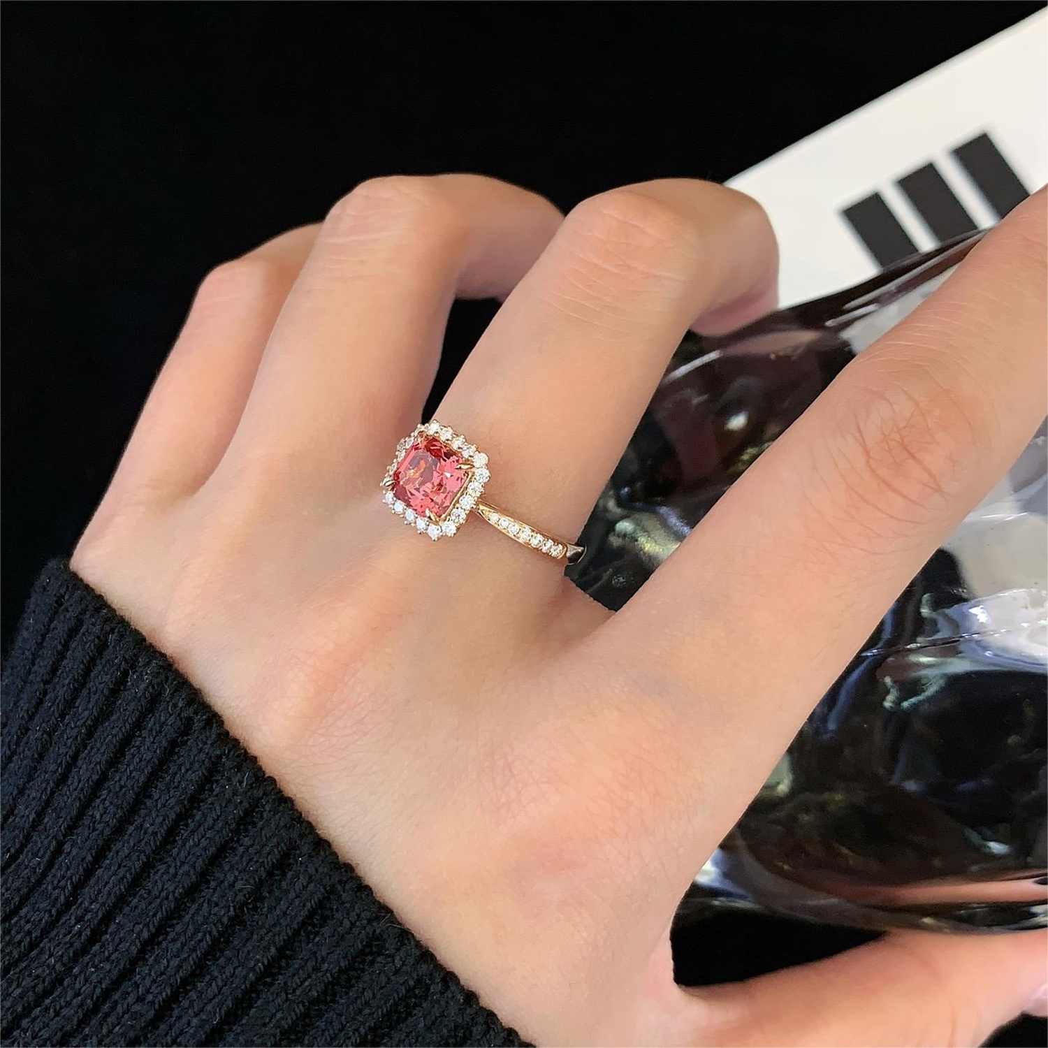 18k Rose Gold Ascher Cut Vintage Lab Grown Peachy Pink Sapphire Diamond Engagement Ring