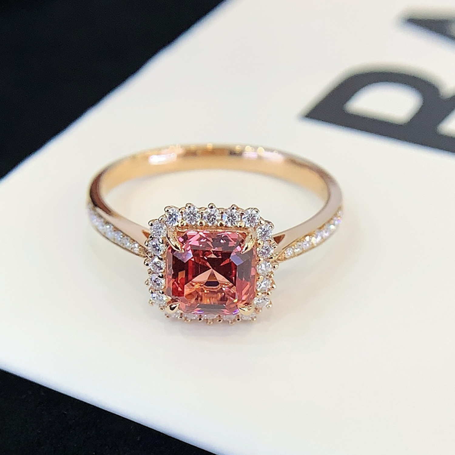 18k Rose Gold Ascher Cut Vintage Lab Grown Peachy Pink Sapphire Diamond Engagement Ring