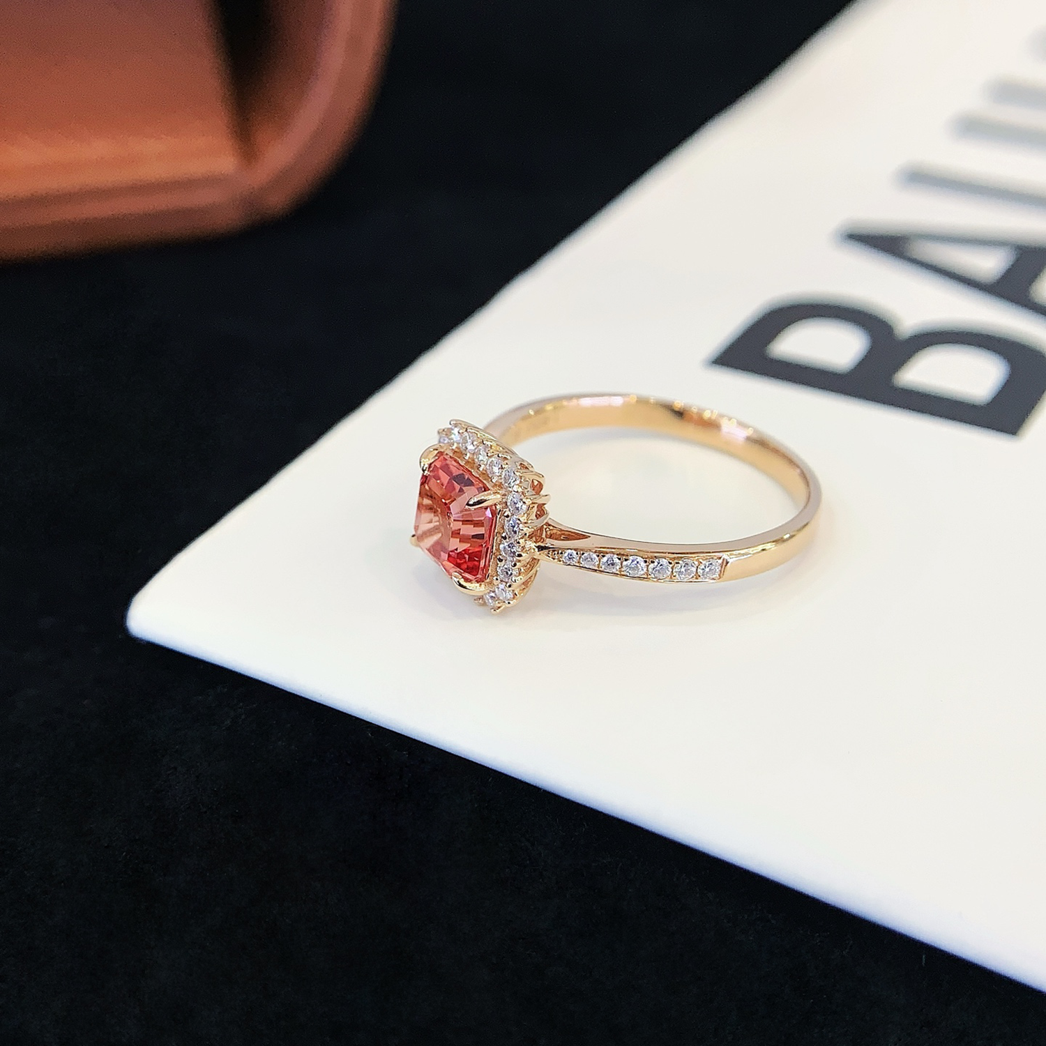 18k Rose Gold Ascher Cut Vintage Lab Grown Peachy Pink Sapphire Diamond Engagement Ring