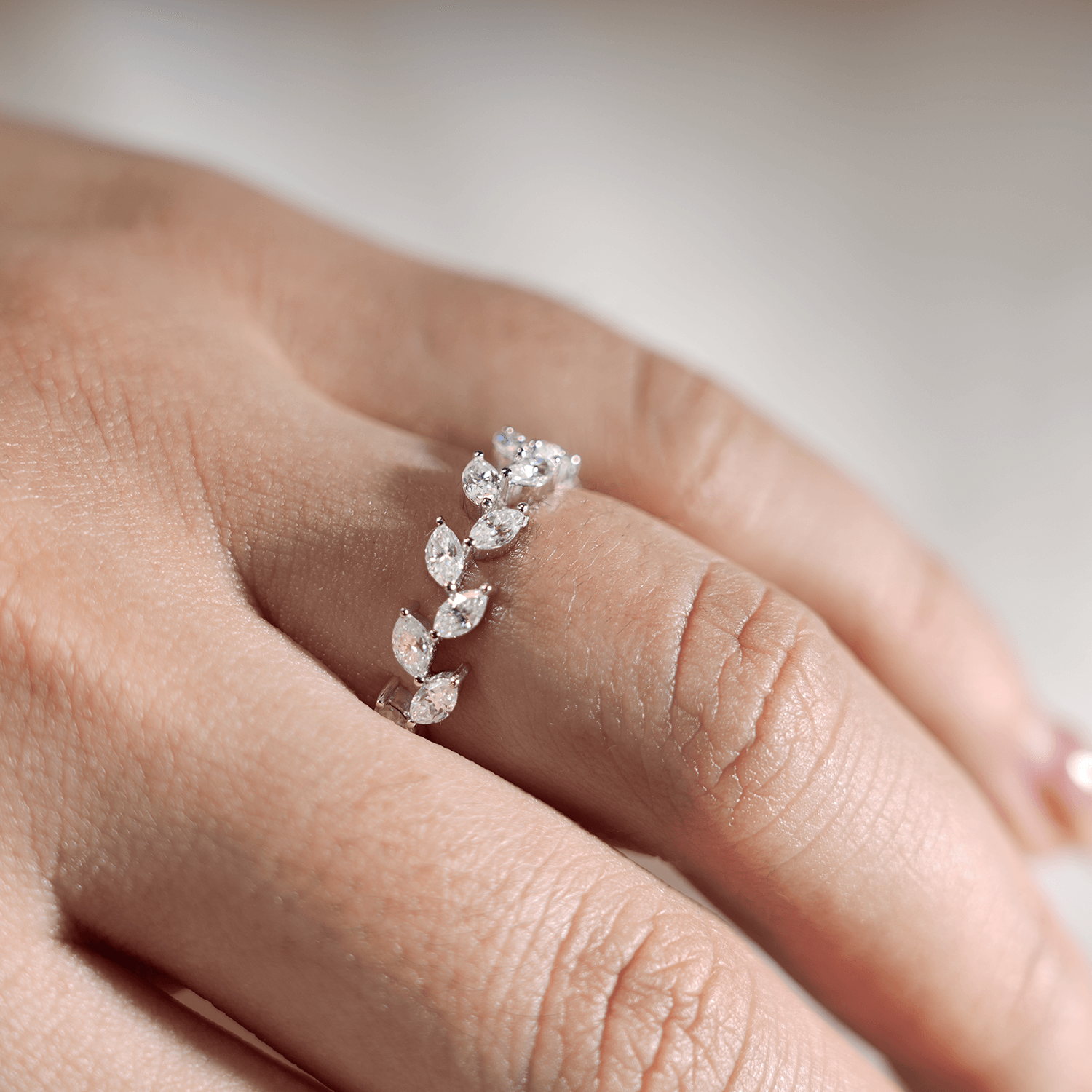 18K Gold Half Eternity Bezel Pear-Cut Diamond Ring