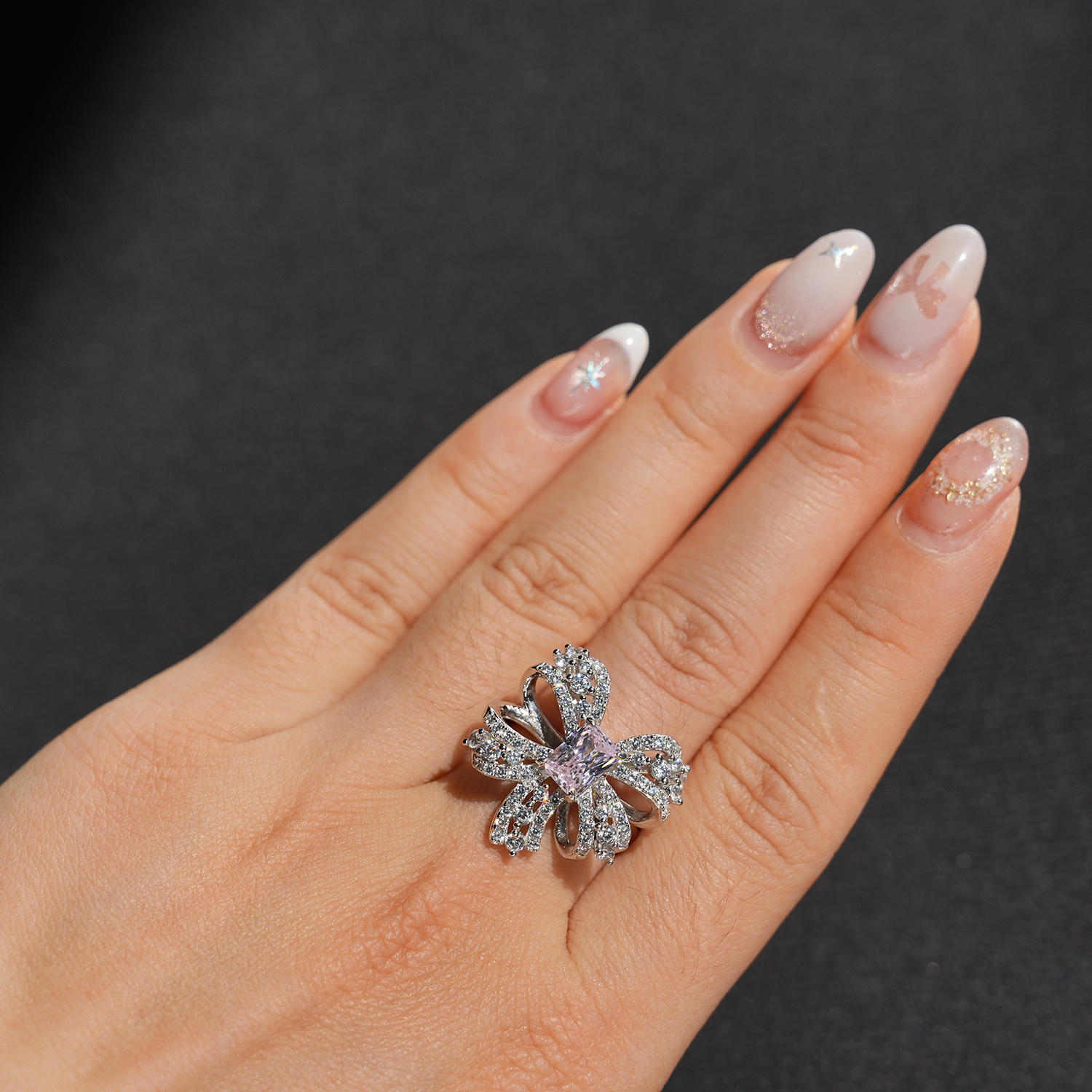 1CT Crushed Ice Cutting Floral Charm Pink Simulated Diamond Ring